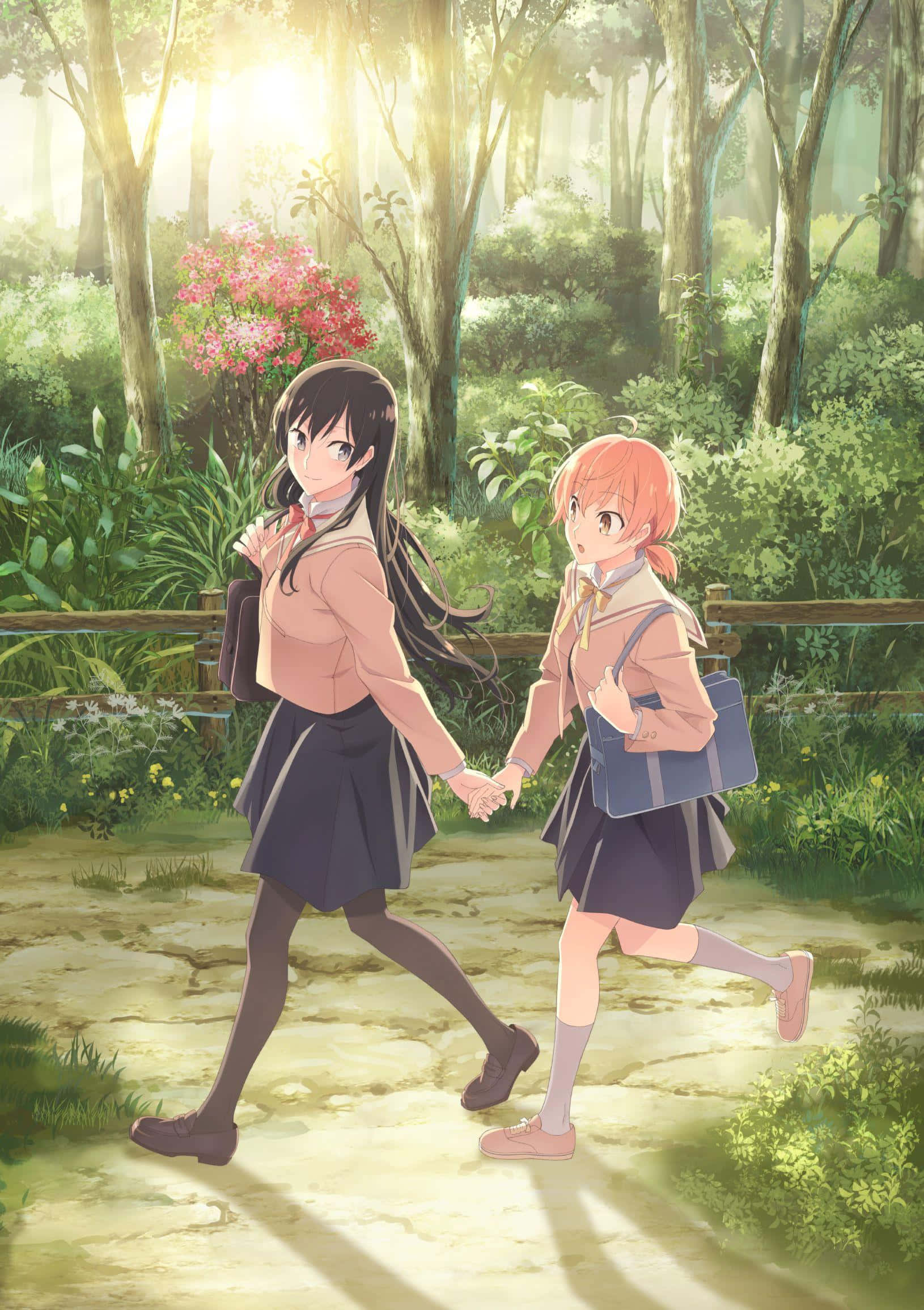 女同性戀動漫《進化之你》中的有川與東子 壁紙 — 兩個穿著校服的動漫女孩手牽手，走在陽光普照、鮮花盛開的森林小徑上。