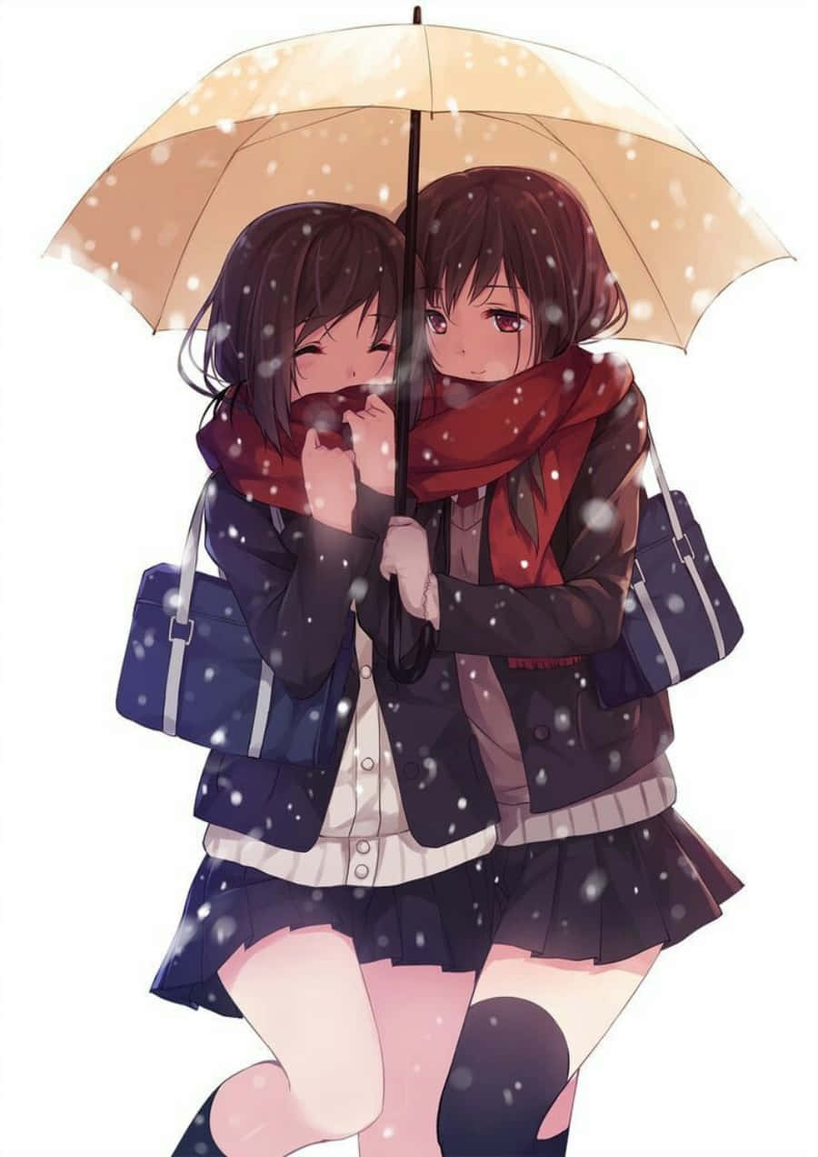 女同性戀動漫女學生共撐傘 壁紙 — 兩個動漫女孩蜷縮在米色雨傘下，溫暖地擁抱著，雪花輕輕飄落在她們周圍。
