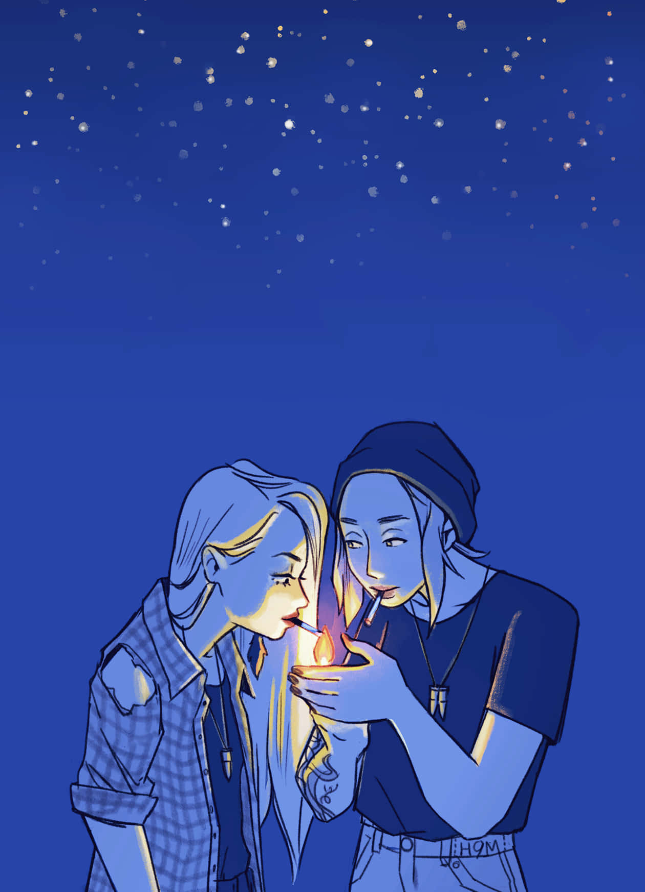 女同性戀動漫情侶煙霧星空下 壁紙 — 兩個人在繁星點點的夜空下分享一支香煙，伴隨著柔和的藍色燈光和溫暖的火焰光芒。
