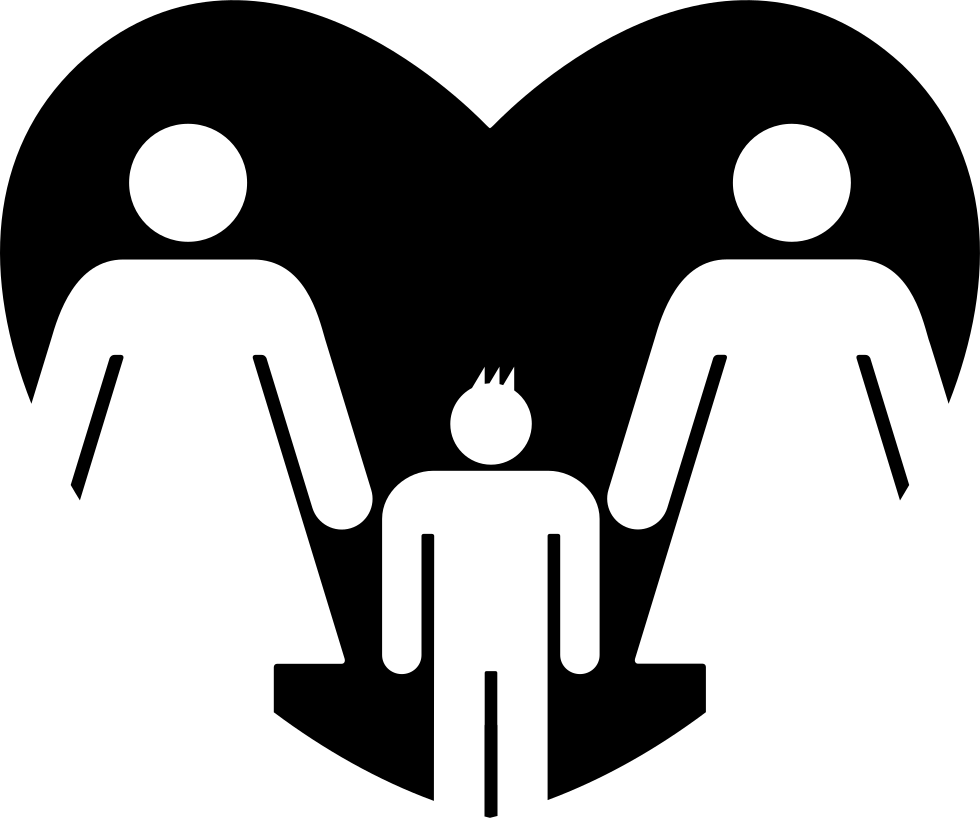 女同性戀父母家庭圖標 壁紙 — 兩個風格化人物在中央人物上方形成心形，以極簡黑白圖標呈現。