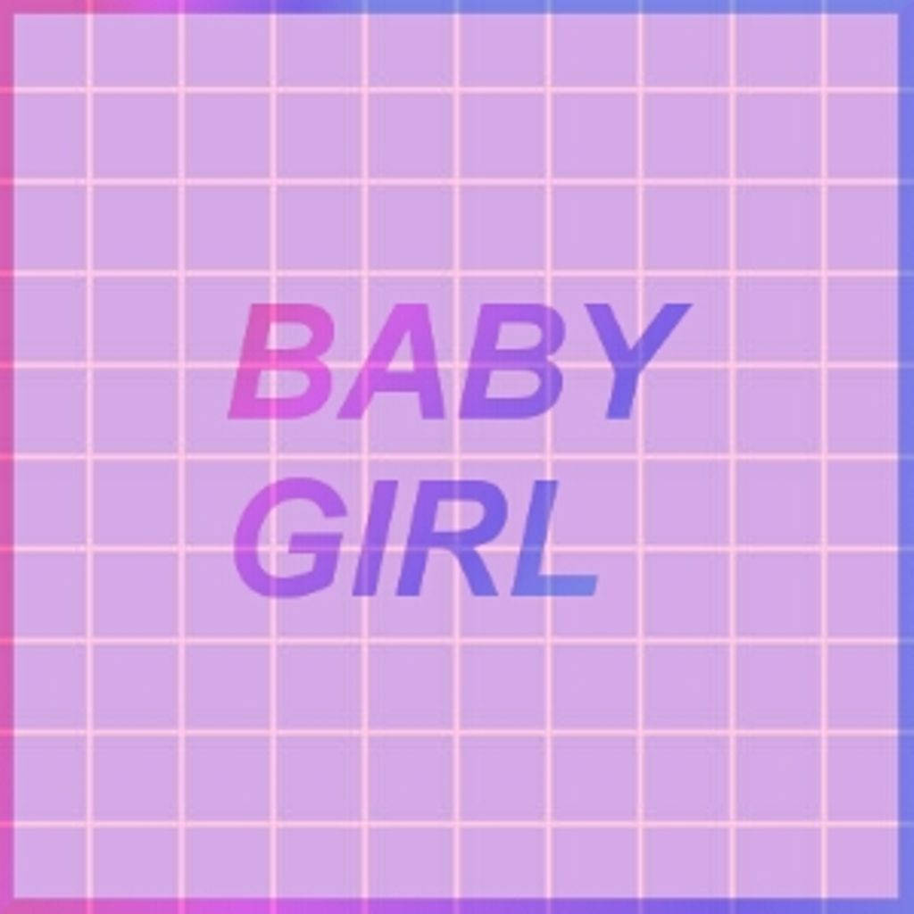 粗體漸變文字 'BABY GIRL' 顯示在紫色網格背景上，帶有粉紅色和藍色邊框。