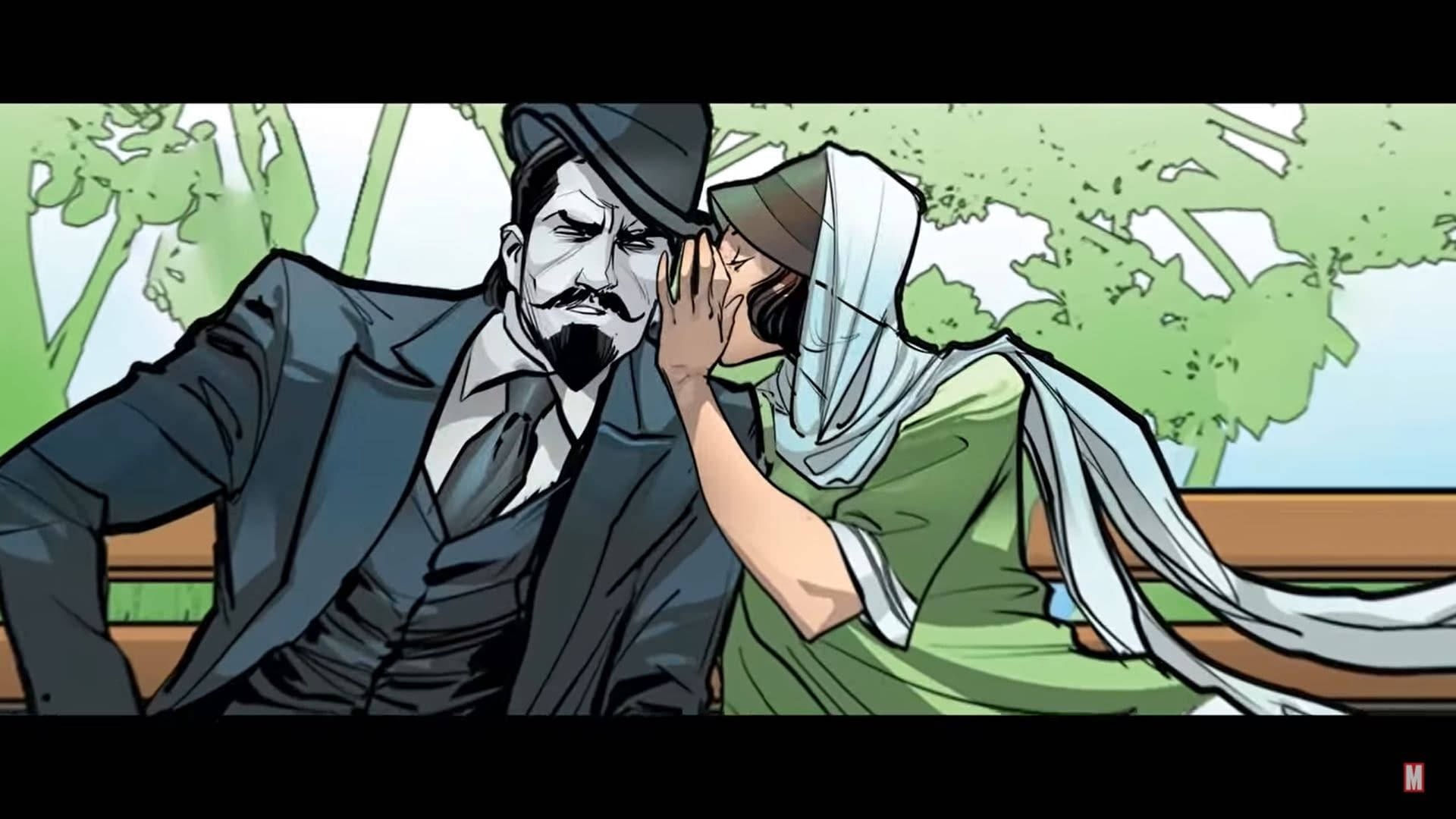 女子低語 Mister Sinister 壁紙 — 一位身穿綠色連衣裙的女子坐在公園長椅上，在枝葉茂密的樹下向一名男子耳邊低語秘密。