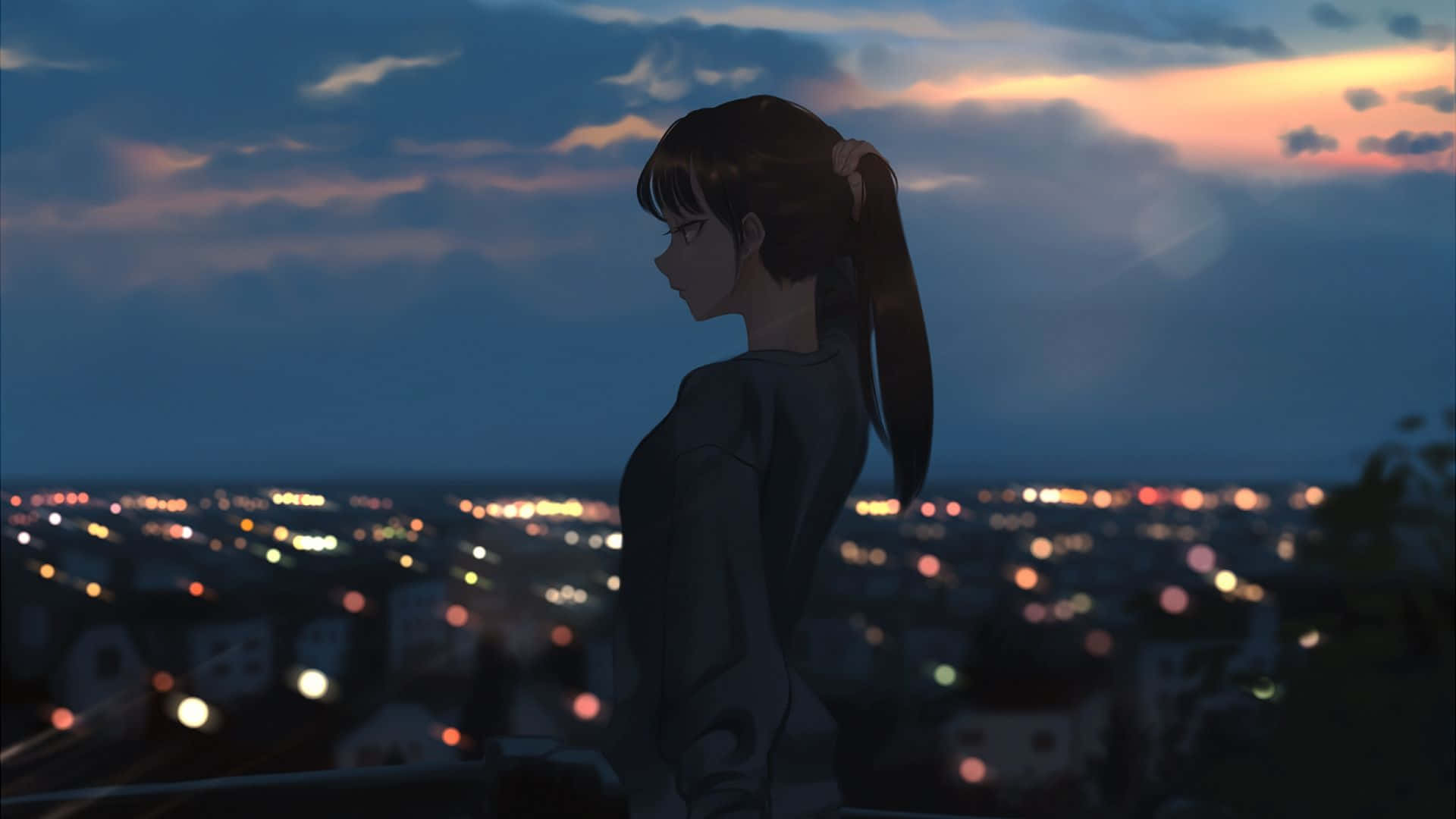 動漫女孩剪影俯瞰黃昏的城市，燈光閃爍。