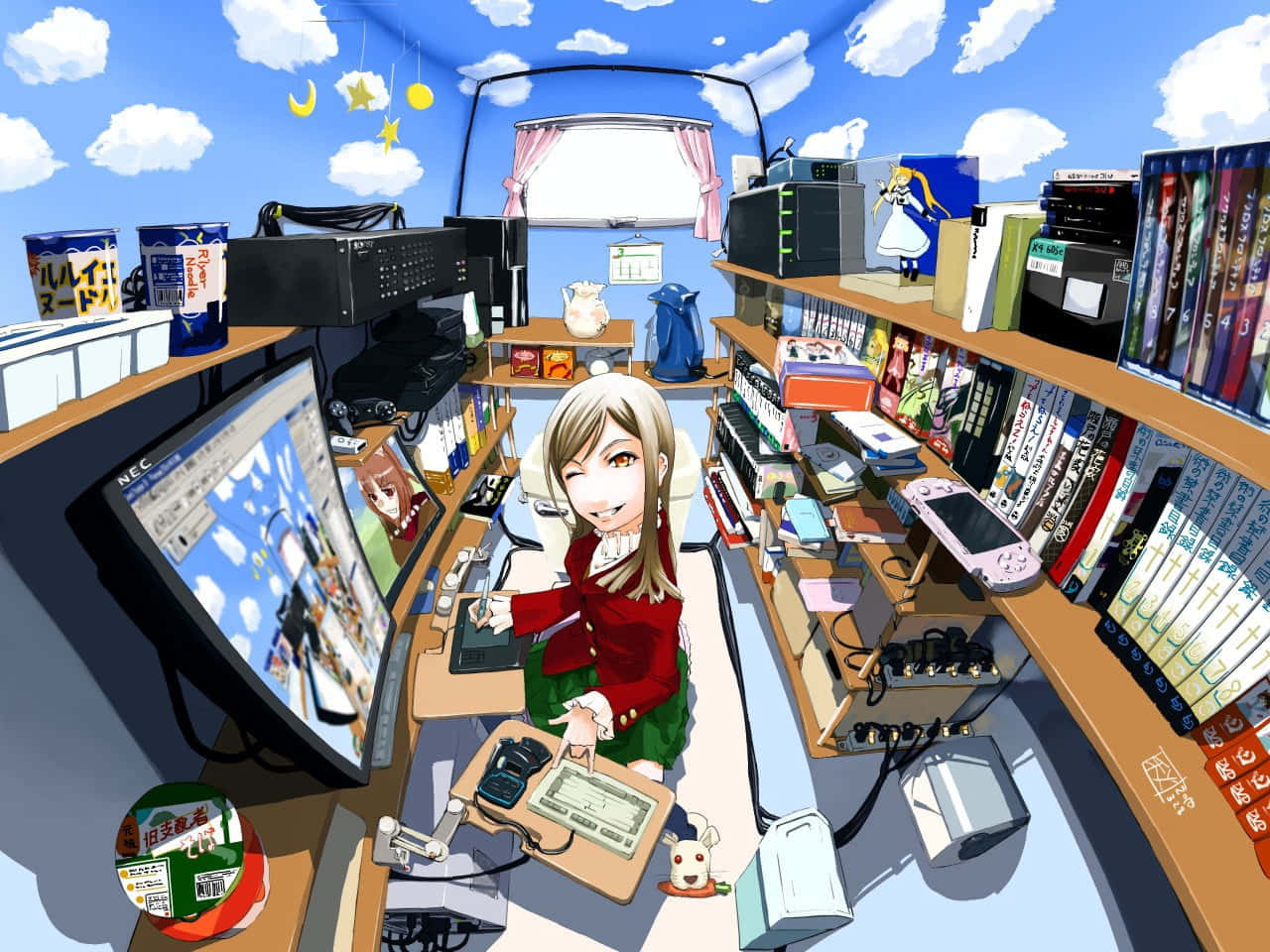 女子在Lofi動漫房間繪畫 壁紙 — 穿著紅色毛衣的動漫女孩，在一個天花板是天空、有漂浮星星的雜亂科技房間裡，對著觀眾微笑。