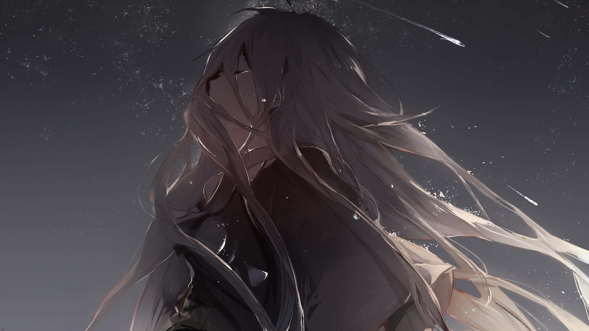 女子夜空下垂淚 壁紙 — 一個孤獨的動漫女孩，長髮飄逸，站在繁星點點的夜空下，光線從她身邊掠過。