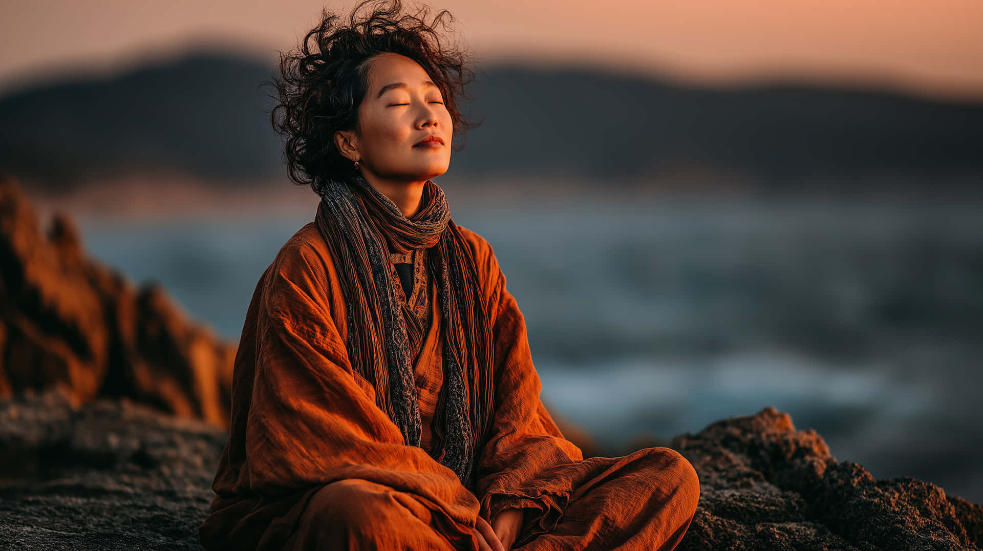 一位身穿橙色長袍的女性在日落時分在岩石海岸上平靜地冥想。
