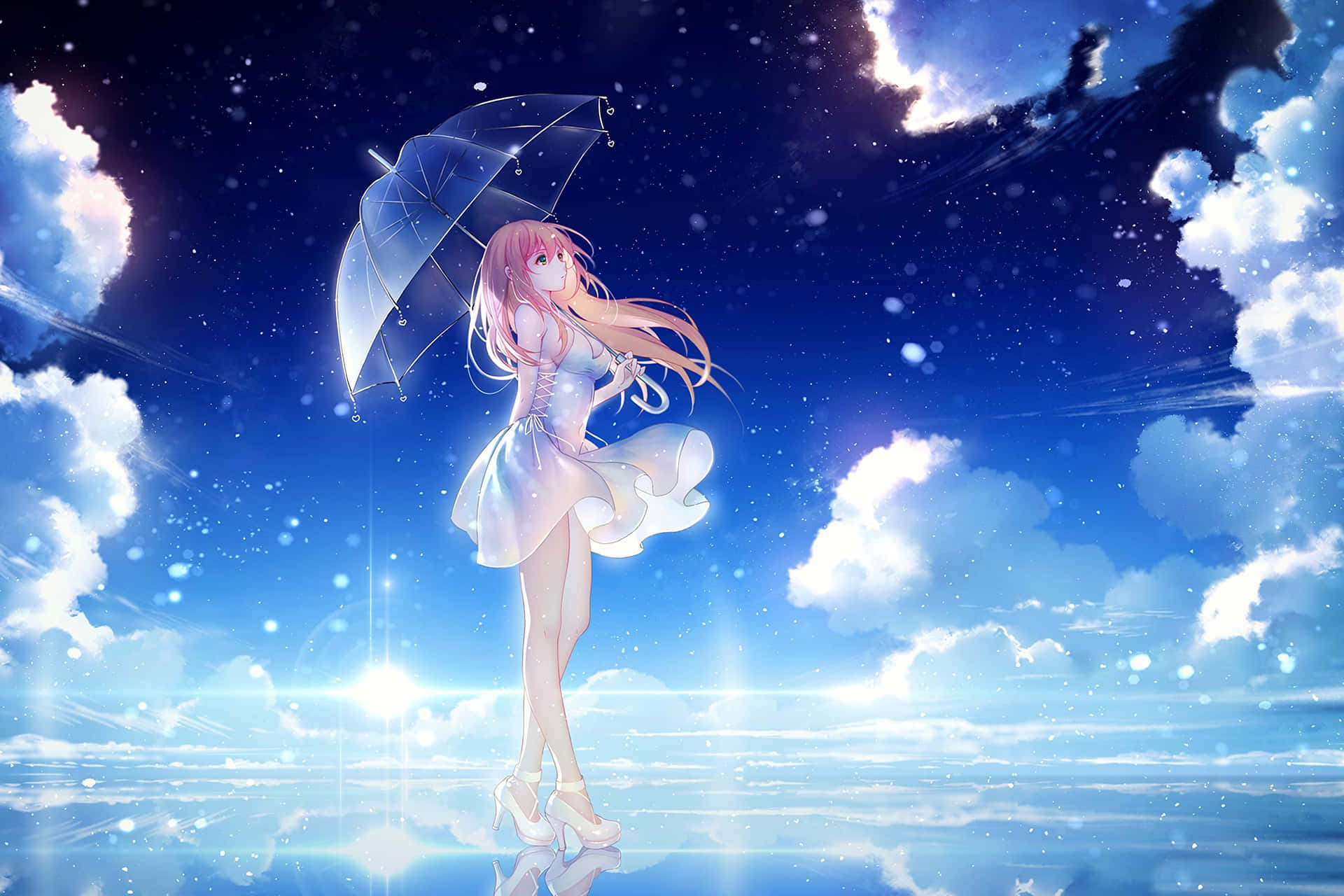 粉紅色頭髮的動漫女孩在星空下拿著透明雨傘，周圍有發光的雲彩。