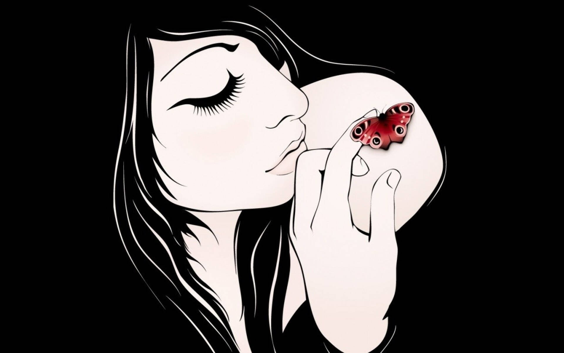 女子與蝴蝶藝術畫 壁紙 — 一位寧靜的女子閉著雙眼，輕輕親吻一隻棲息在她指尖的鮮豔紅蝴蝶，背景是 stark 的黑色。