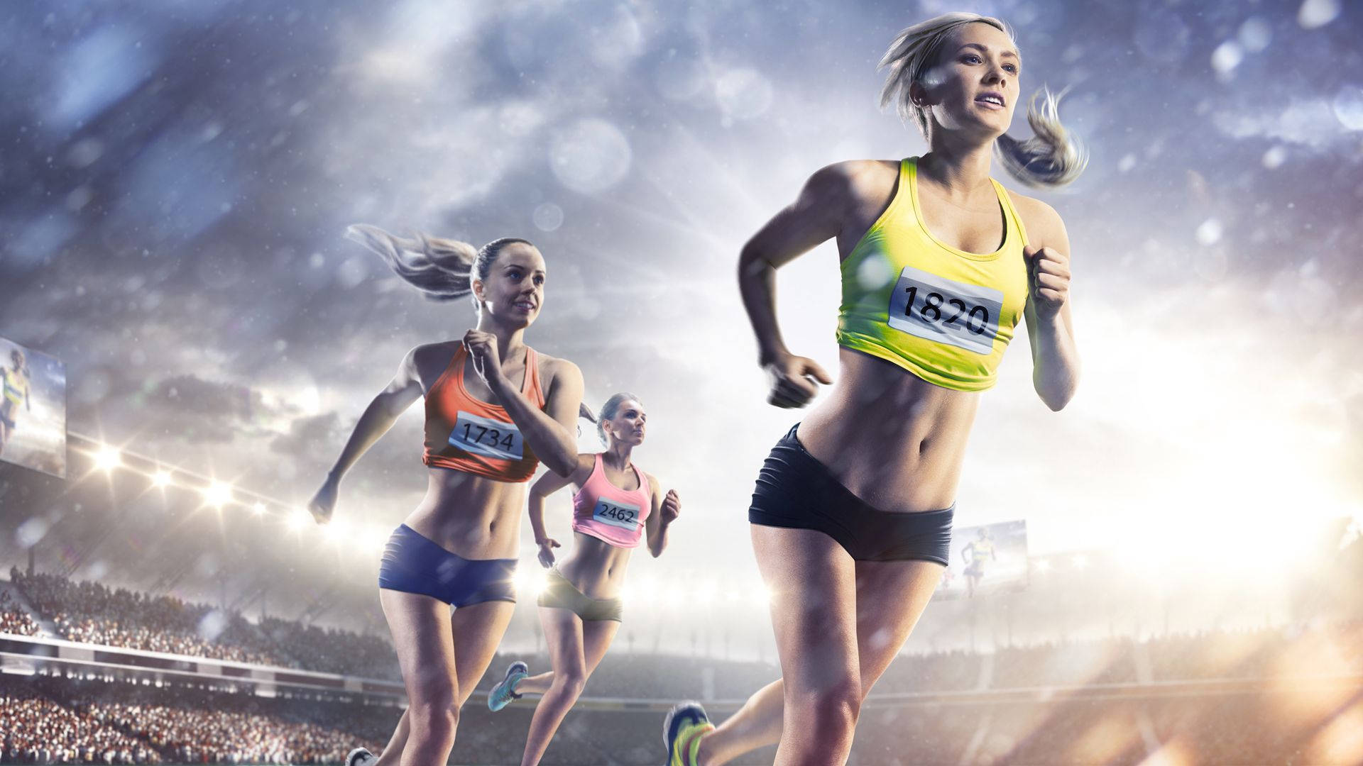 女子跑步運動 壁紙 — 三位女短跑選手在體育館燈光下激烈競賽，雪花飄落在她們周圍。