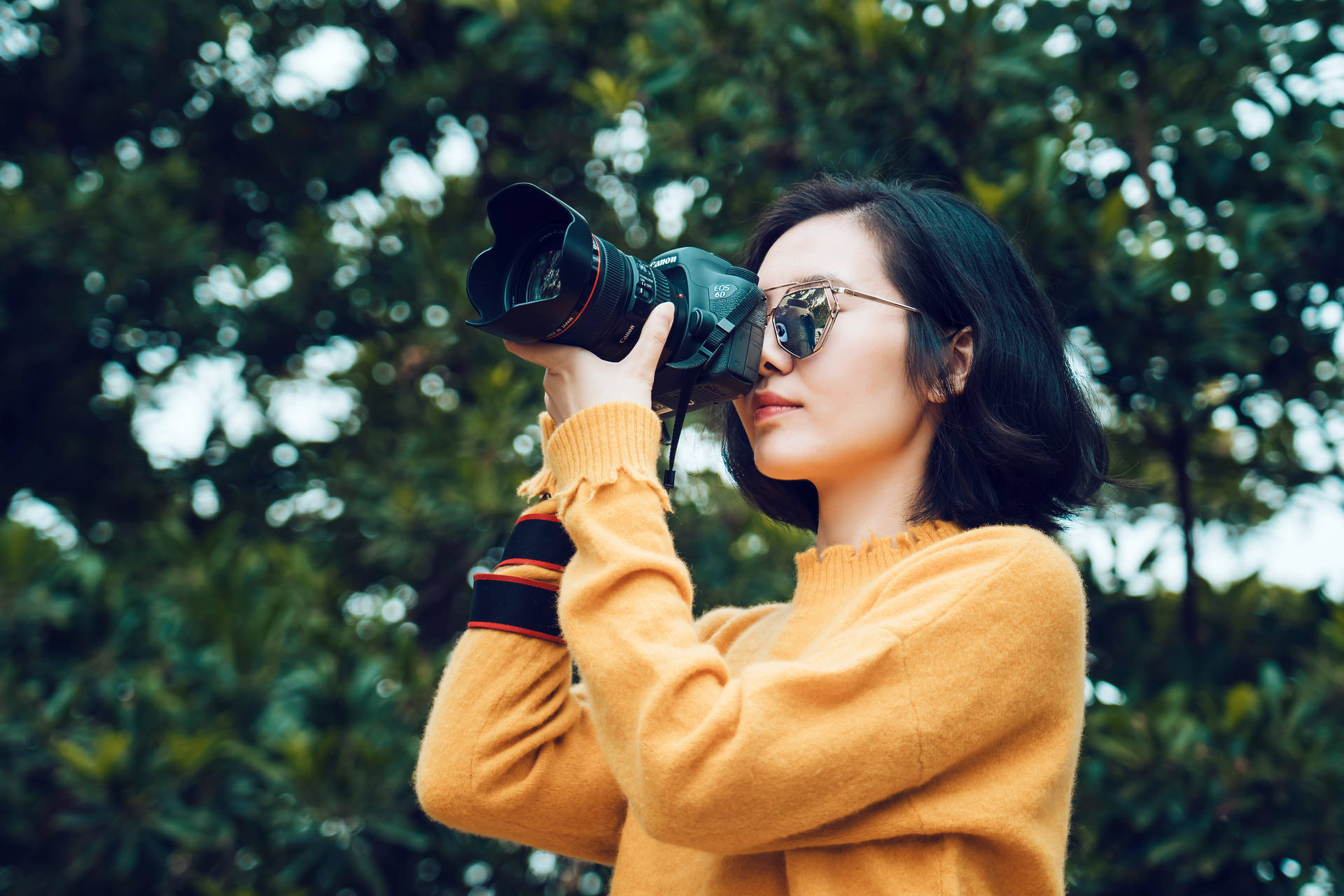 戴太陽眼鏡和黃色毛衣的女性在森林中拿著相機。