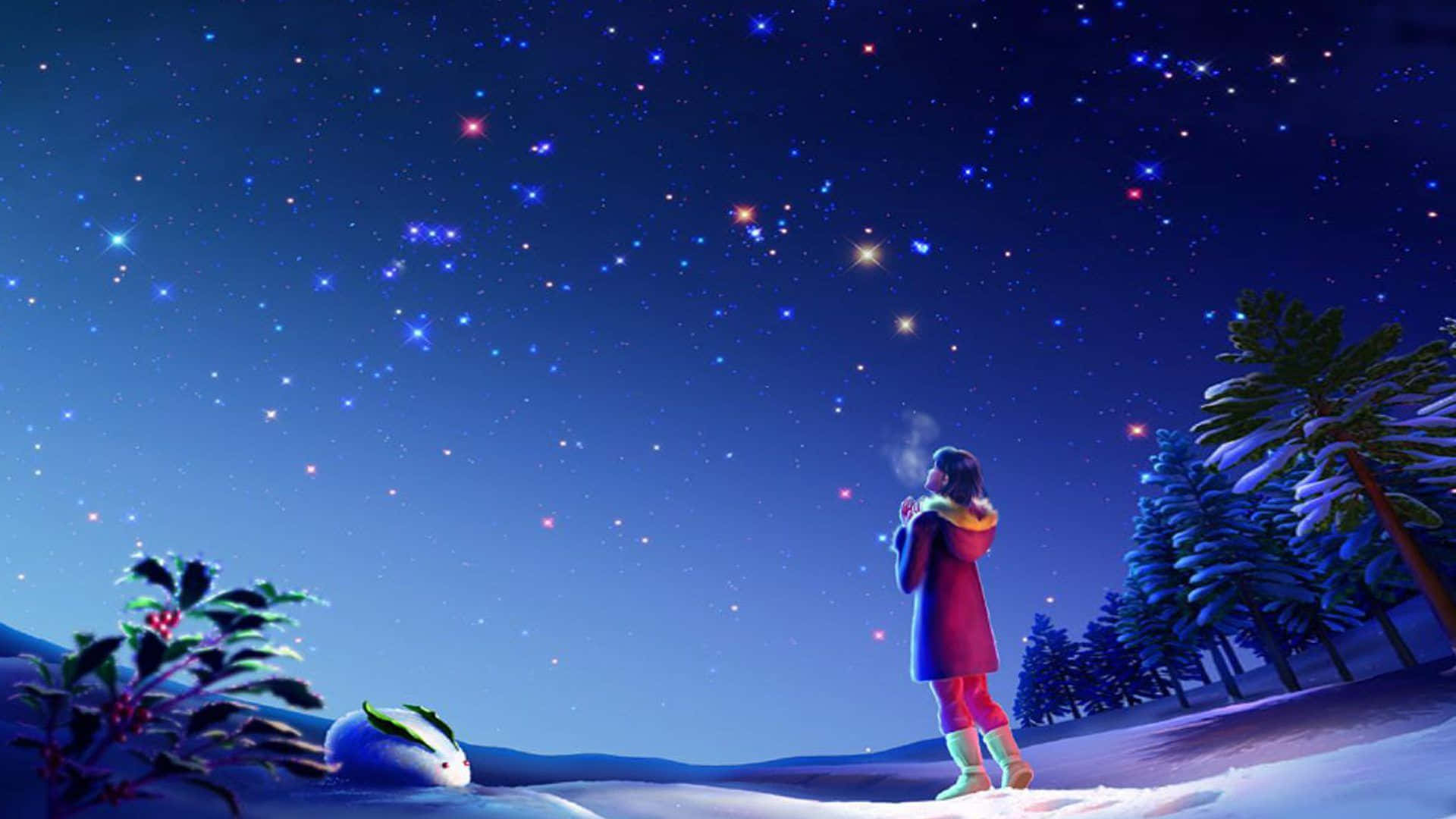 穿著冬季外套的孩子站在雪地裡，在松樹下的星空下。