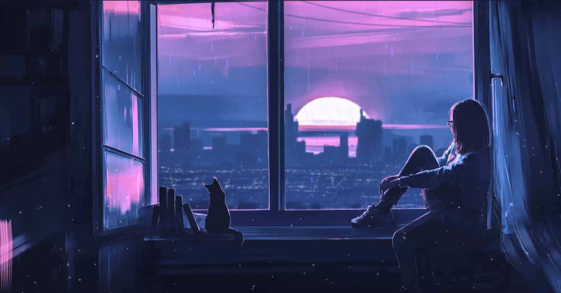 女孩和貓坐在窗邊看著紫色夕陽落在雨中的城市