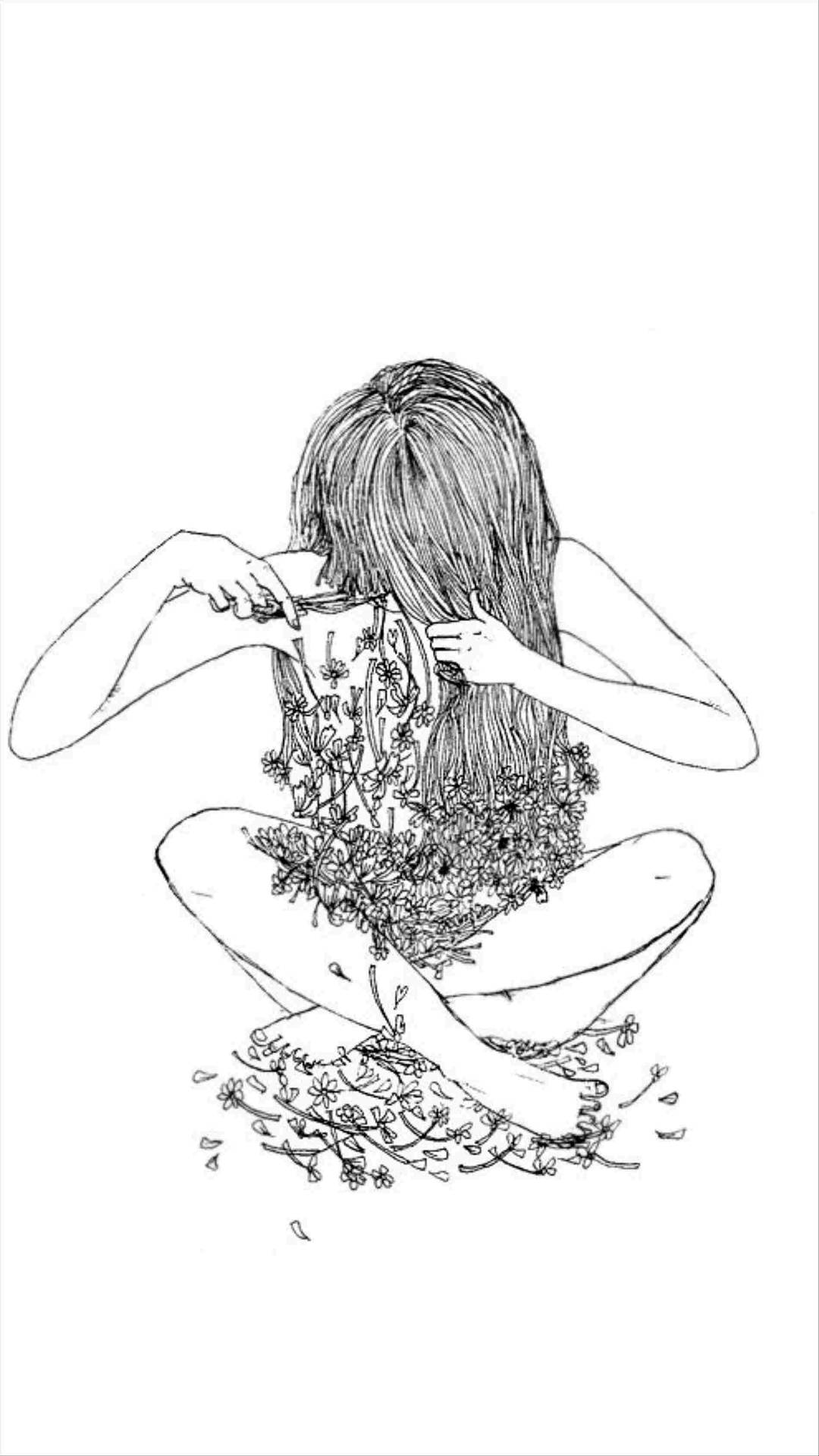 女孩盤腿而坐，花朵從她的背上綻放並散落在她周圍。