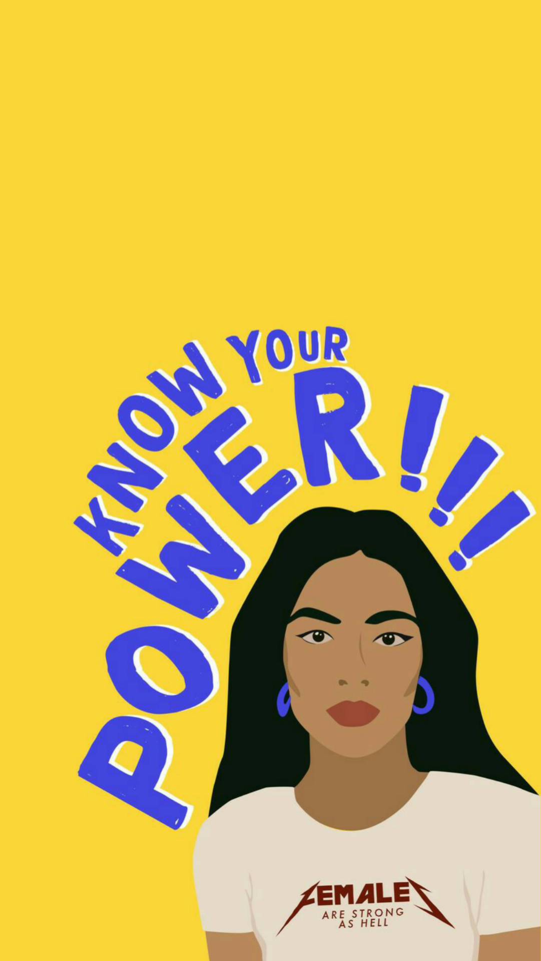插畫女性穿著一件印有「female are strong as hell」的T恤，上方有「know your power」的文字。