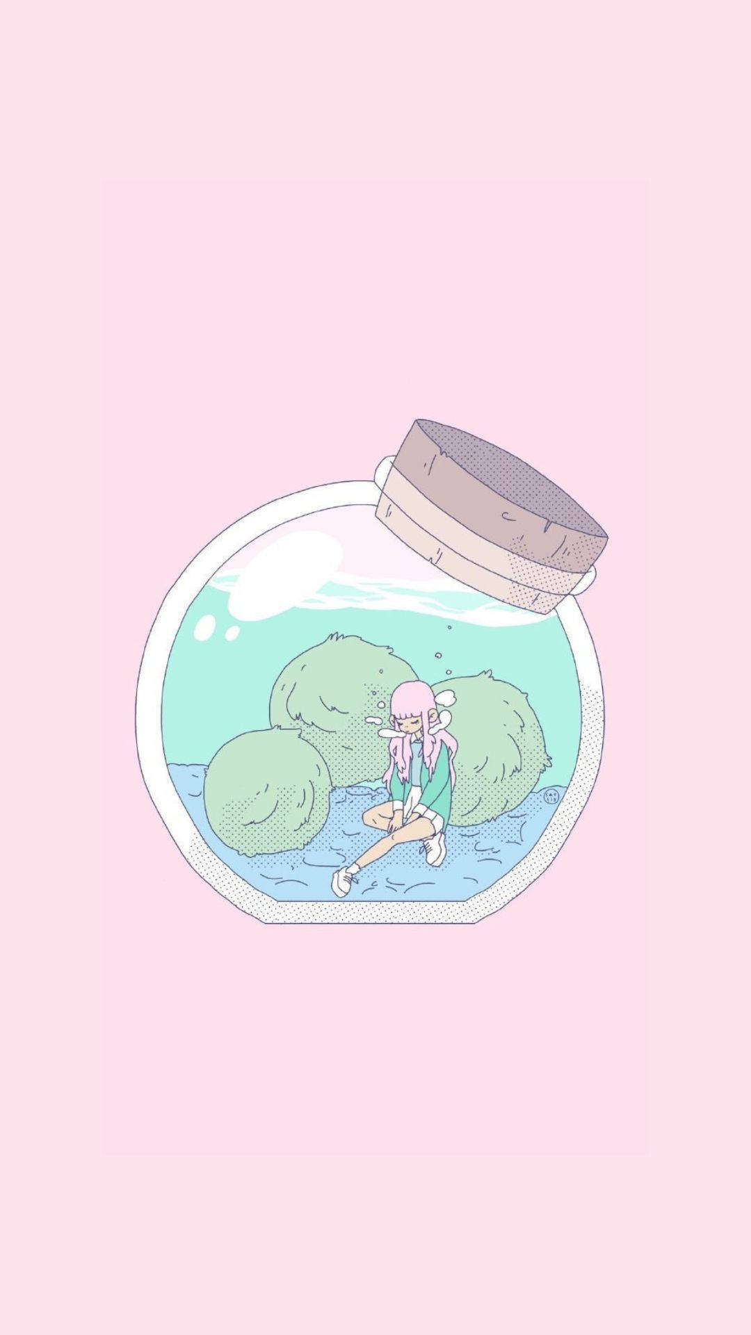 動漫女孩坐在裝有水和苔蘚的玻璃罐中，粉紅色背景