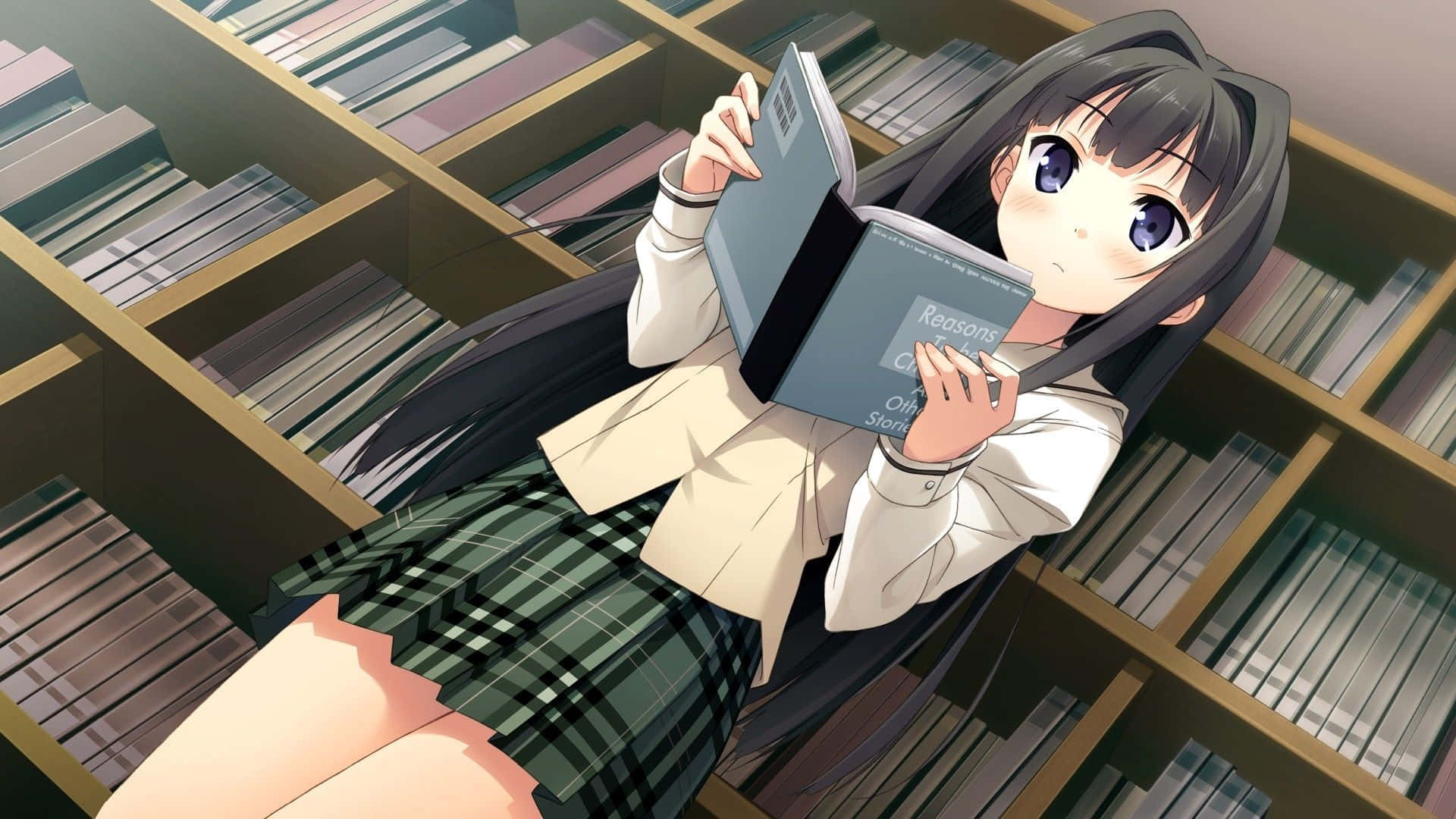 女孩在圖書館穿著裙子看書 壁紙