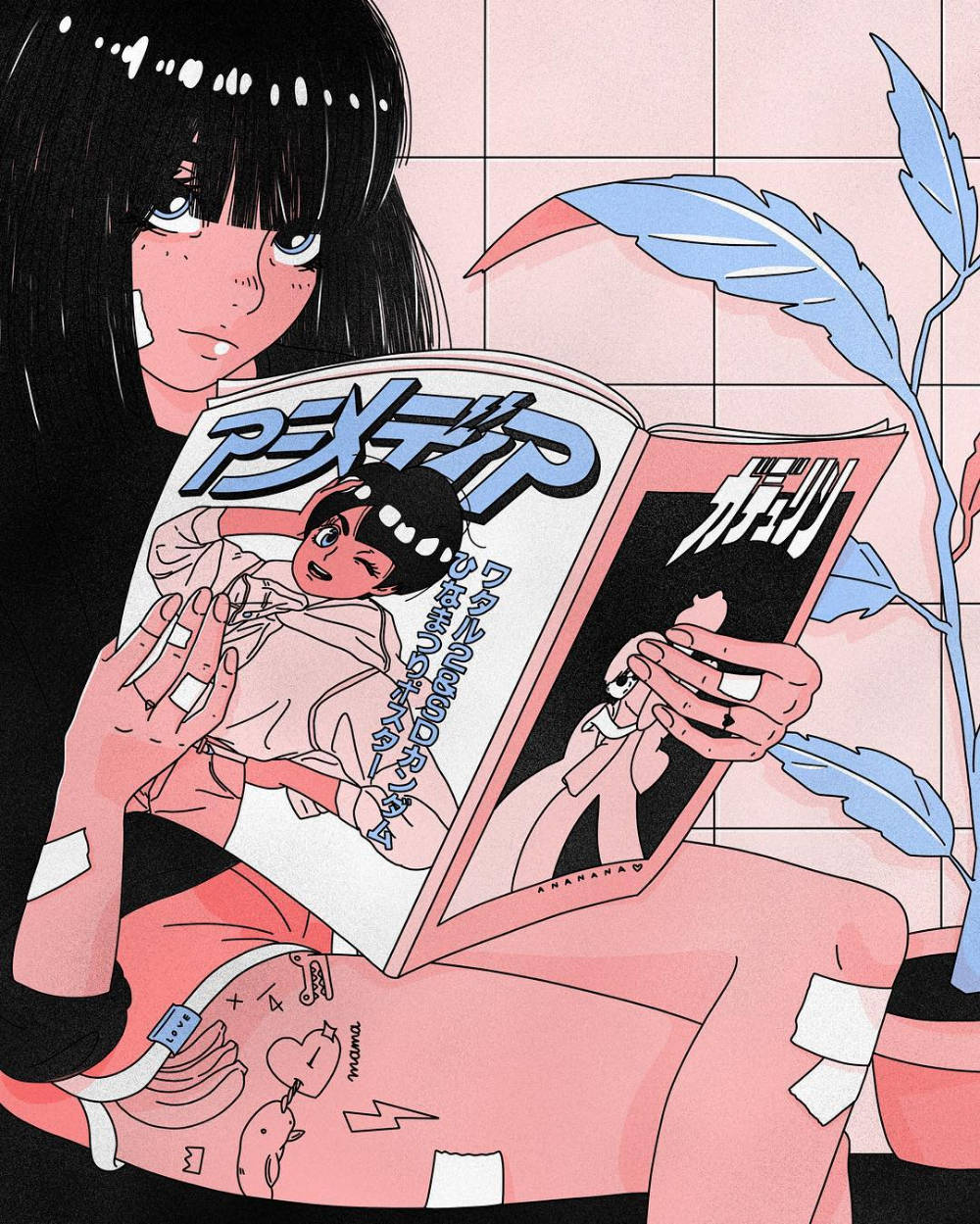 纏著繃帶的動漫女孩在藍色羽毛植物旁邊閱讀漫畫書。