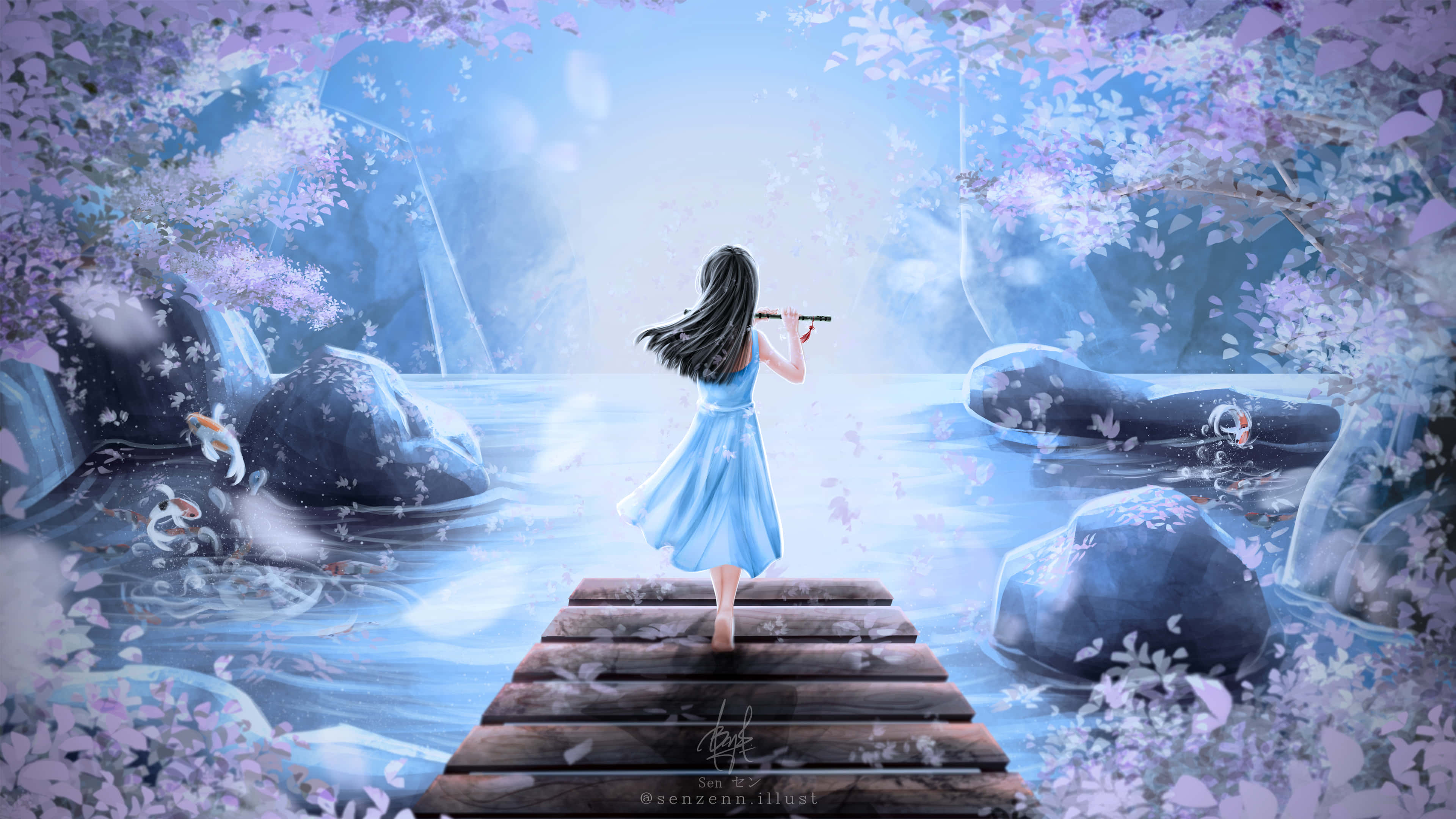 女孩在湖上橋樑漫步 壁紙