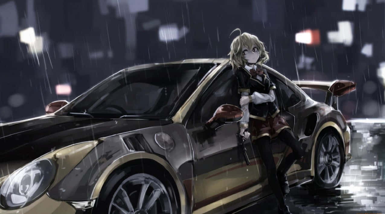 女孩在雨中站在車旁 壁紙