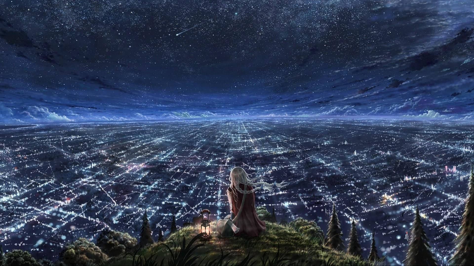 一個白髮的動漫角色坐在山丘上，在星空下俯瞰夜晚發光的城市。