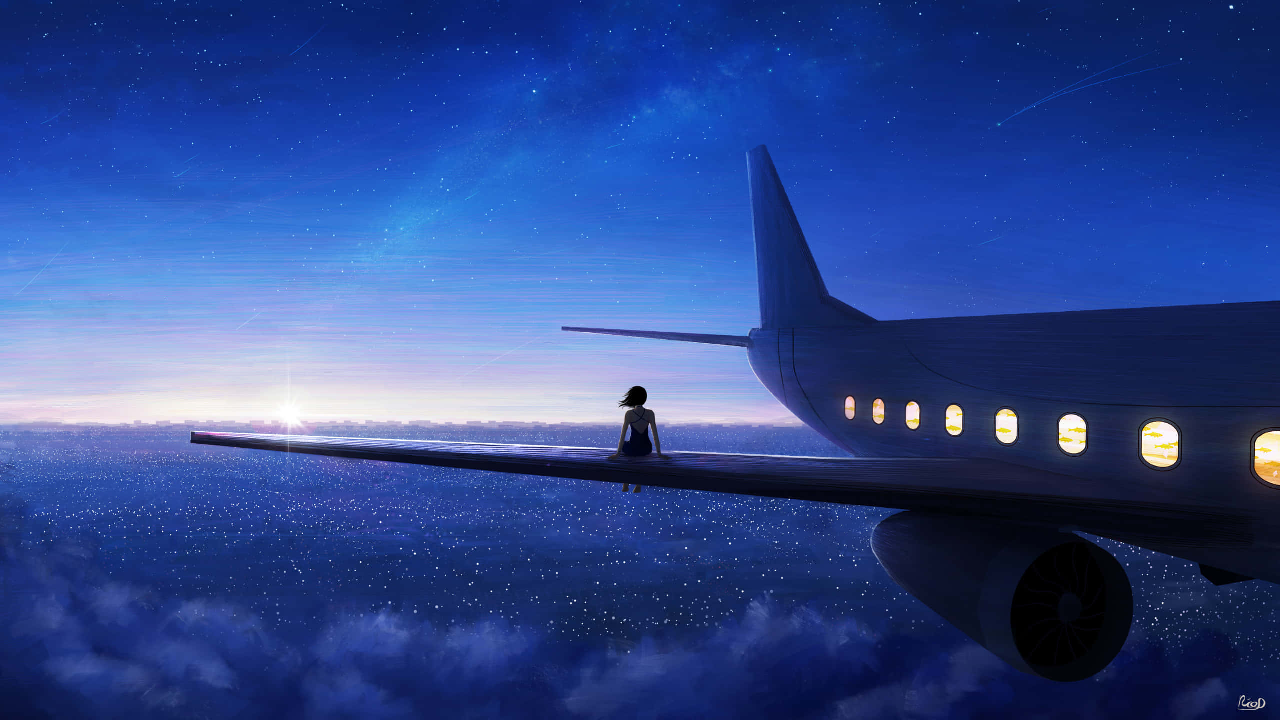 女孩坐於飛機翼上凝望地平線 1440p 小型飛機背景 壁紙 — 一個孤獨的身影坐在飛機機翼上，在星光燦爛的暮色天空下，有發光的機艙燈光和遙遠的日出。