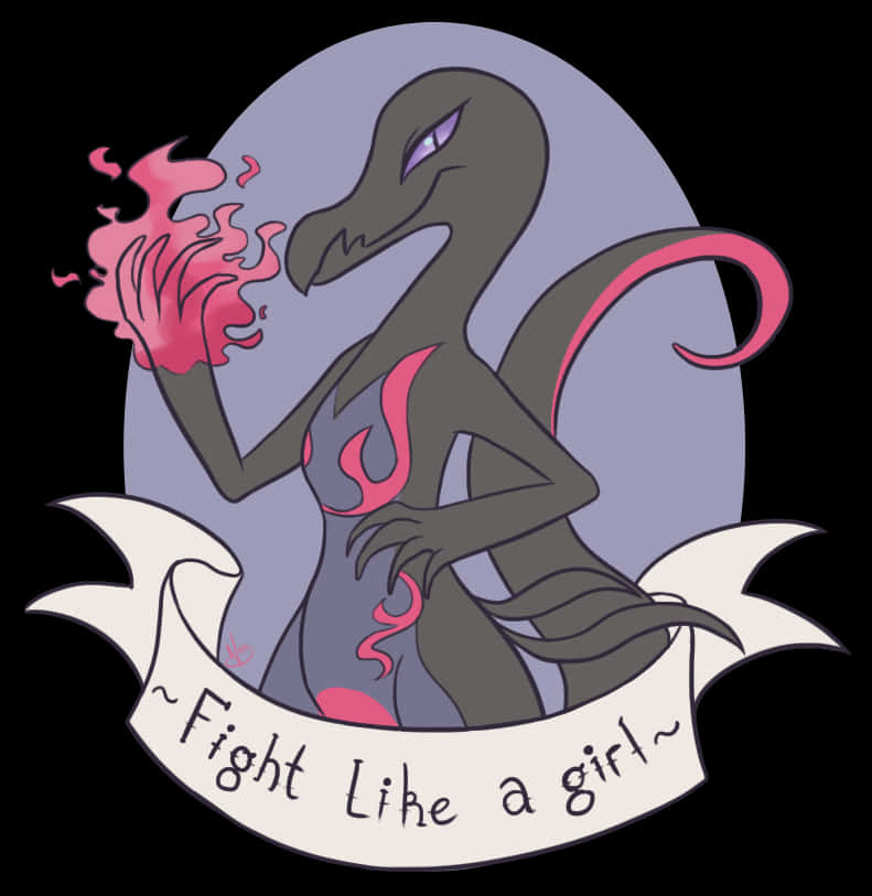 一隻帶有粉紅色火焰和寫有「Fight Like a girl」橫幅的雌龍。