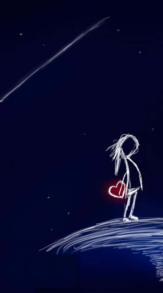 一個火柴人手持發光紅色心形，觀看夜空中的流星。