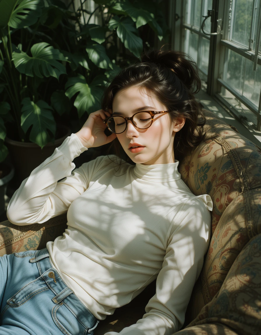 女孩悠閒倚靠沙發，優雅氛圍 壁紙 — 一位戴眼鏡的年輕女子在圖案沙發上平靜地休息，沙發沐浴在從窗戶灑進的斑駁陽光中，旁邊是茂盛的綠色龜背竹植物。