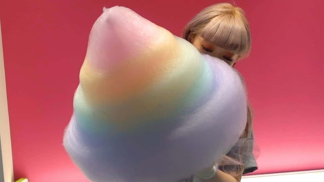 女孩手持一大團棉花糖 壁紙