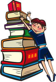 女孩攀爬書堆 壁紙