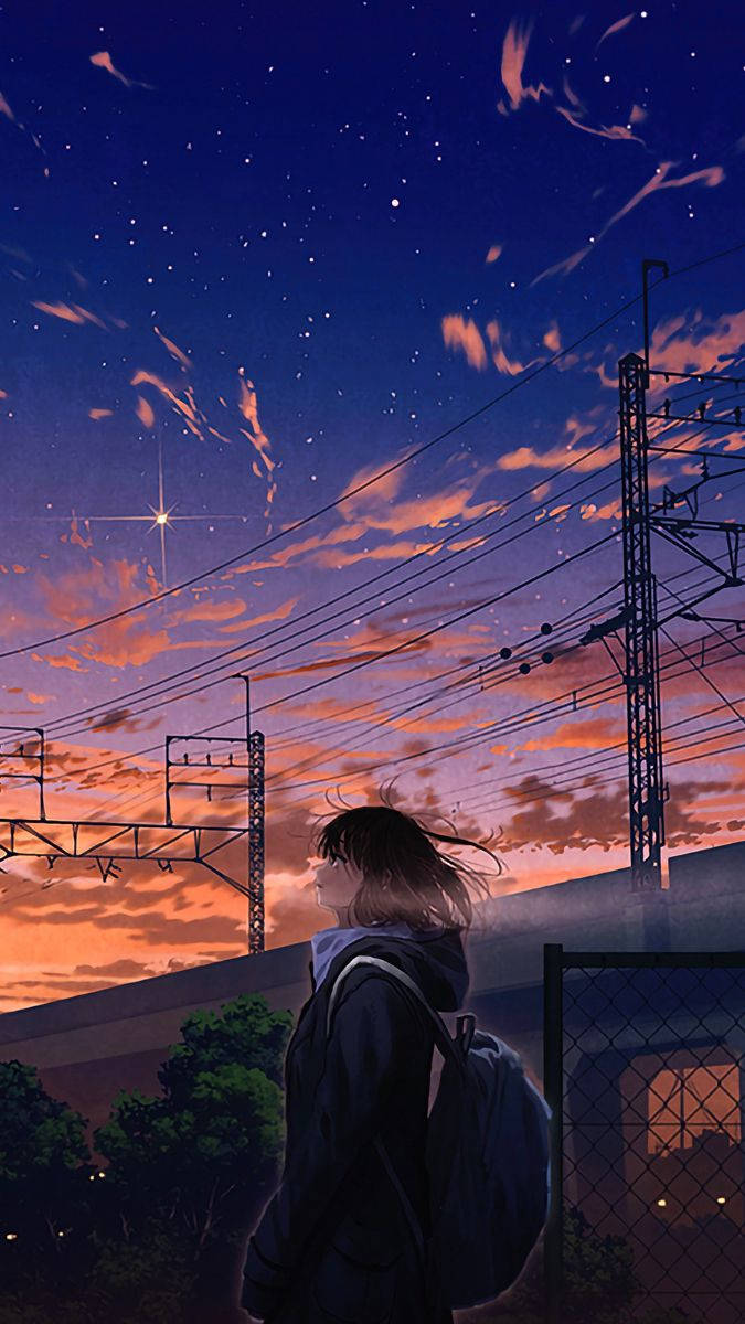 動漫女孩背著背包仰望鐵路線上佈滿星星的暮色天空。