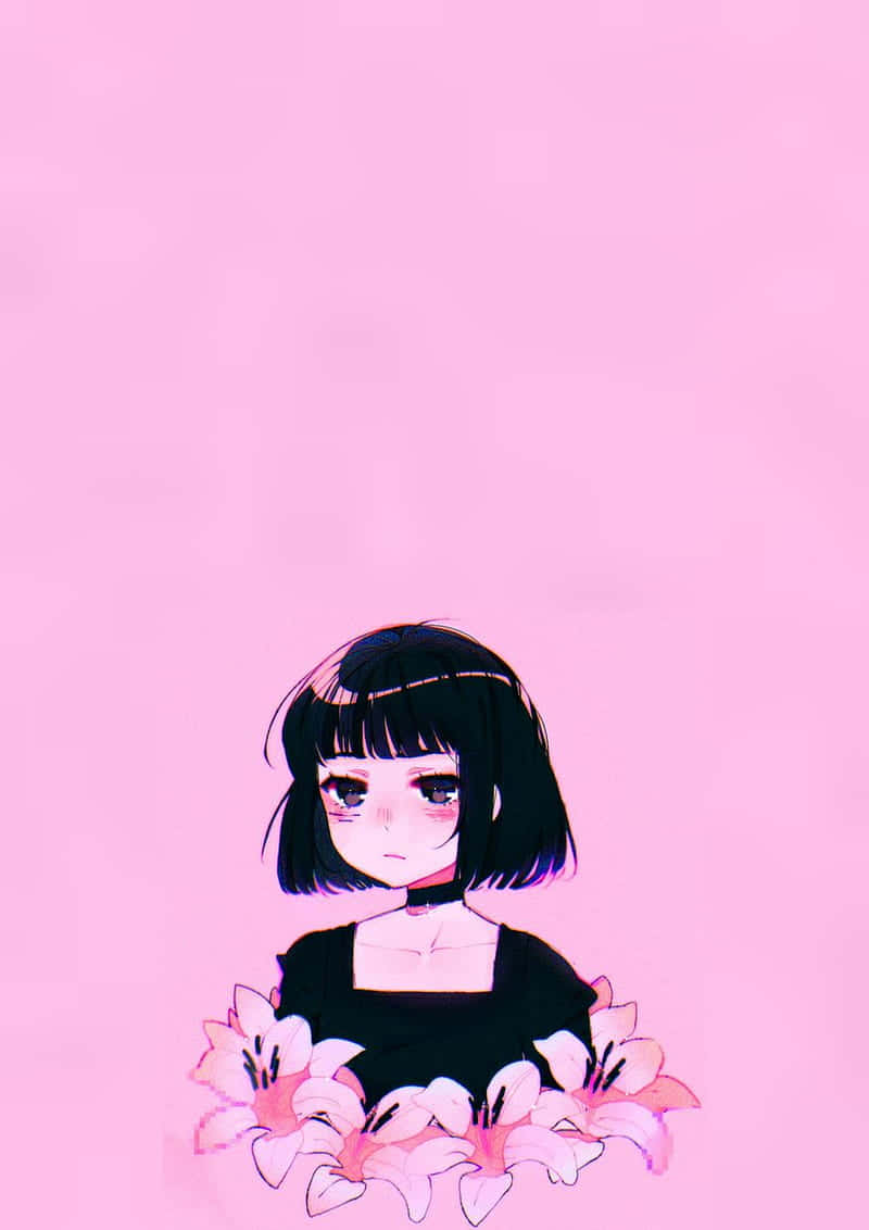 女孩沉醉於粉嫩系動漫世界夢境 壁紙 — 一個憂鬱的動漫女孩，黑色鮑伯頭，在柔和的粉紅色背景上拿著粉紅色的百合花。