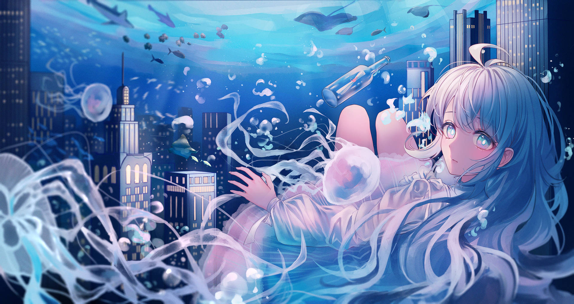 銀髮的動漫女孩漂浮在水下，靠近發光的水母和沉沒的城市建築。
