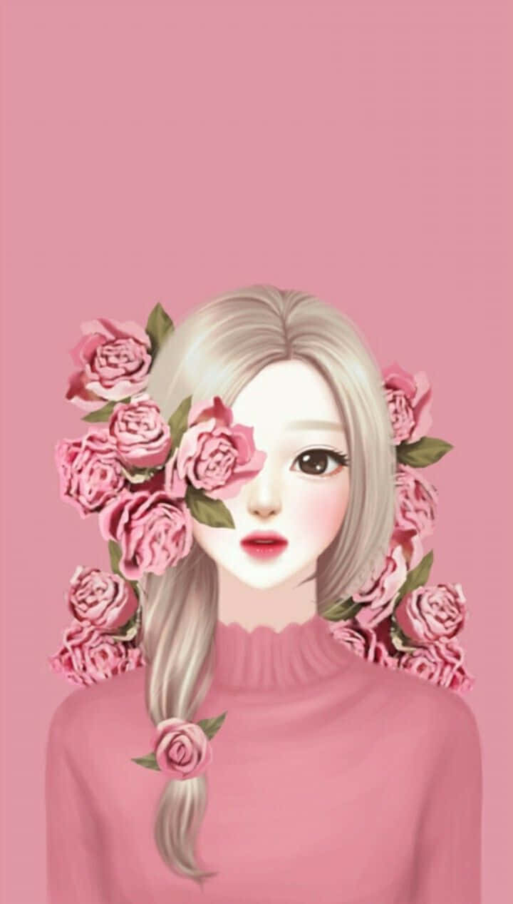 女孩玫瑰金花朵插畫 壁紙 — 一個風格化的動漫女孩，金髮上點綴著粉紅玫瑰，穿著相配的粉紅毛衣，背景是純粉紅色。