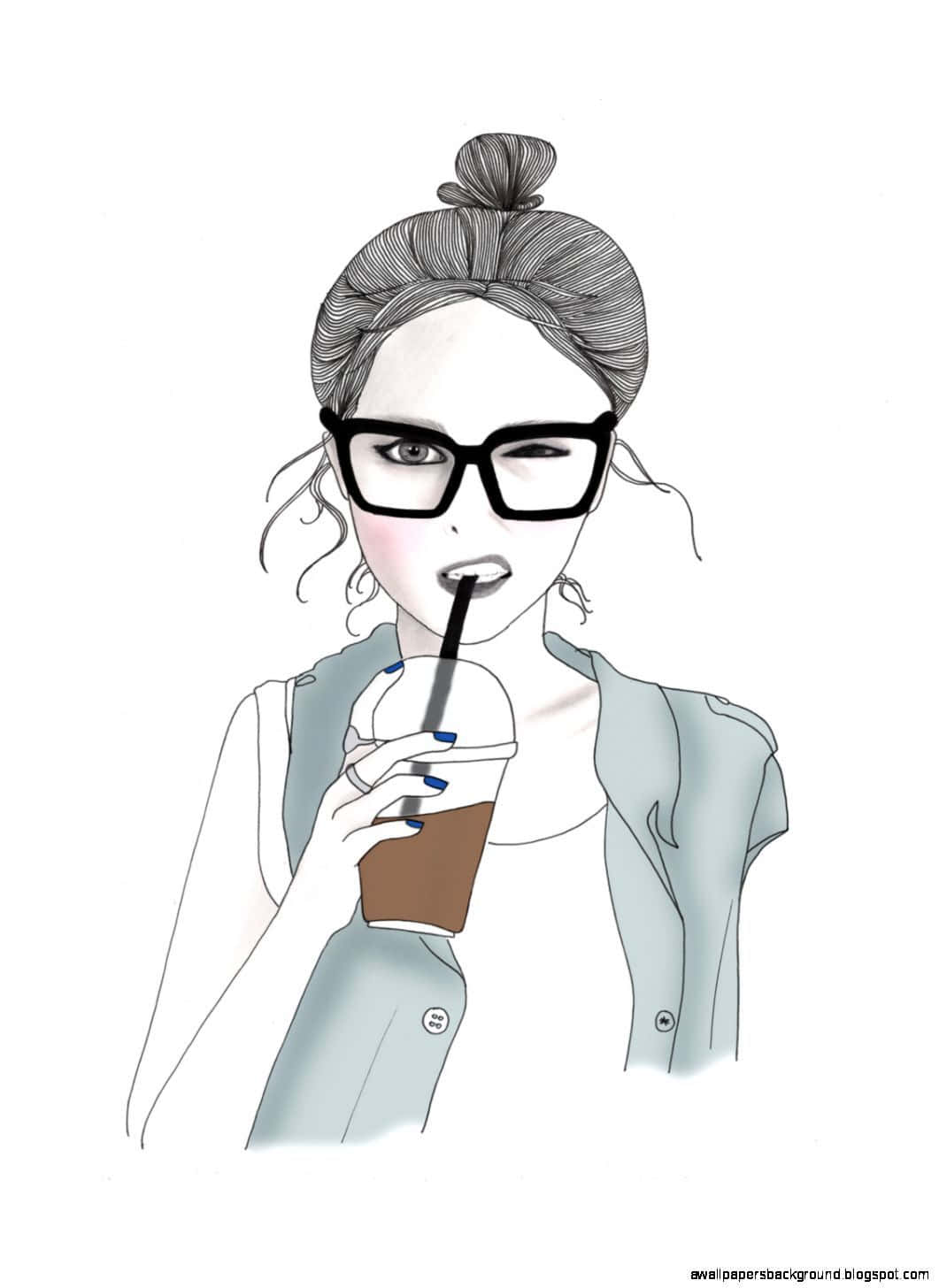 戴眼鏡的女性用附有吸管的杯子喝咖啡。