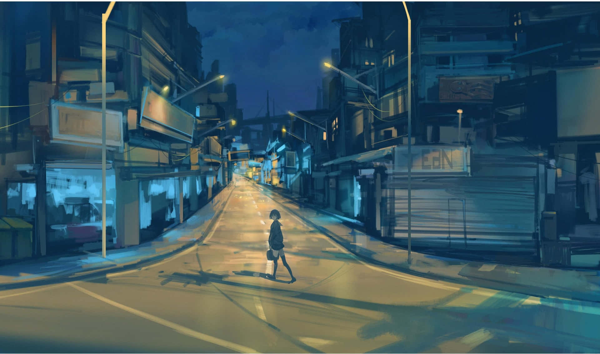 一個人在夜晚獨自走在安靜的城市街道上，在閃爍的街燈下。