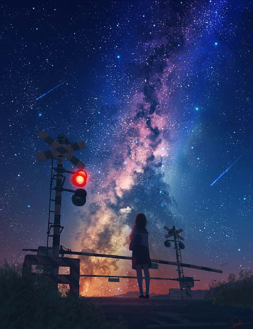 女孩在星空下鐵路平交道，紅色信號燈發光。