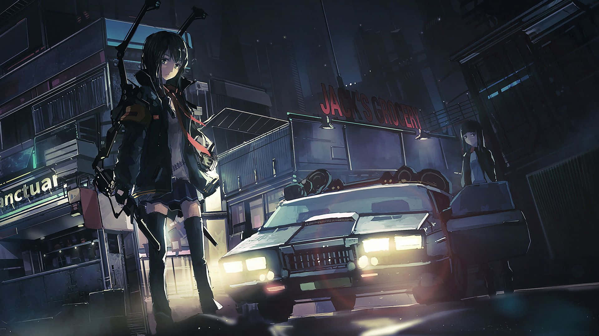 女孩站在城市中的汽車前 壁紙