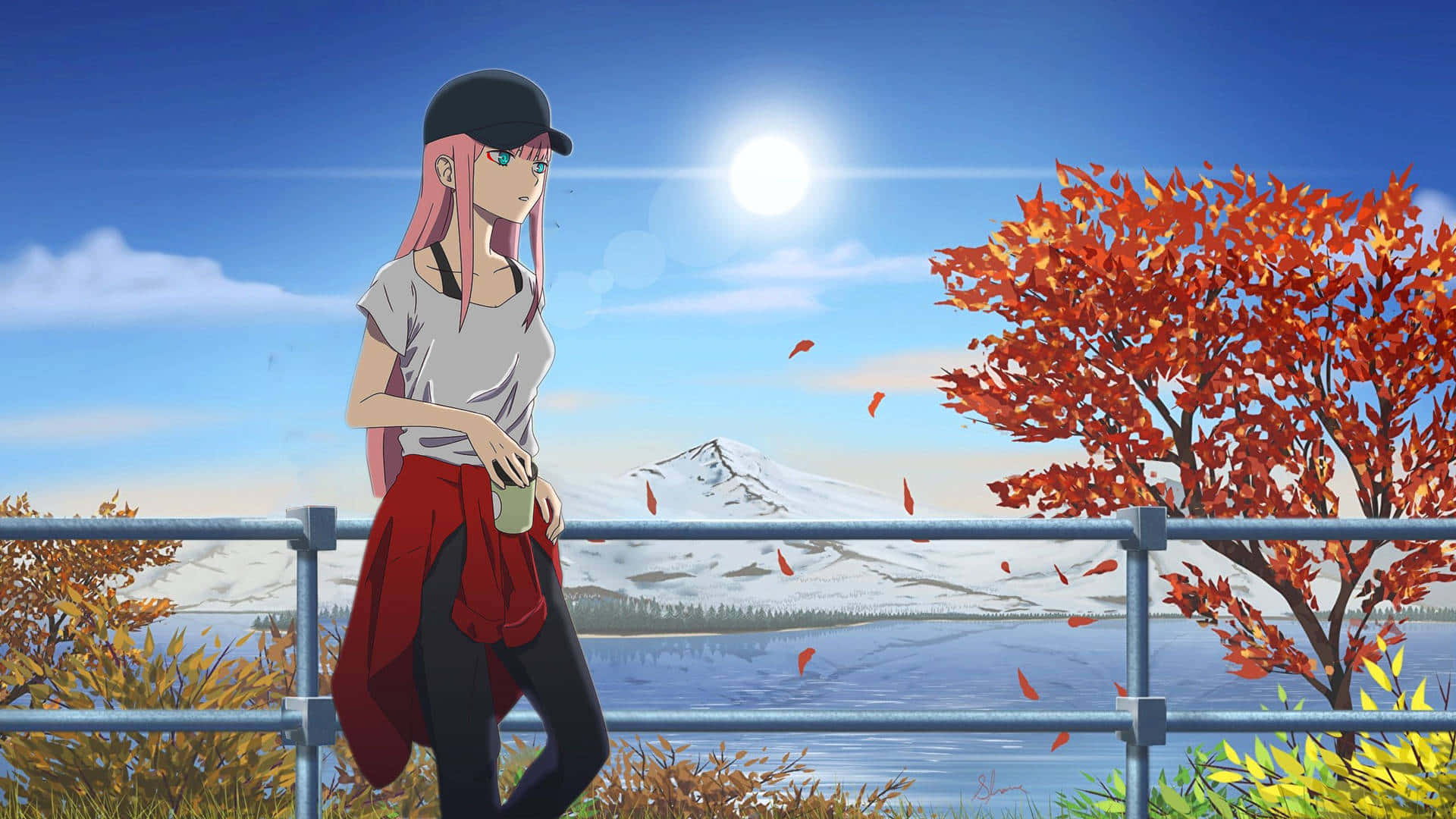 女孩站在欄杆上仰望天空 壁紙