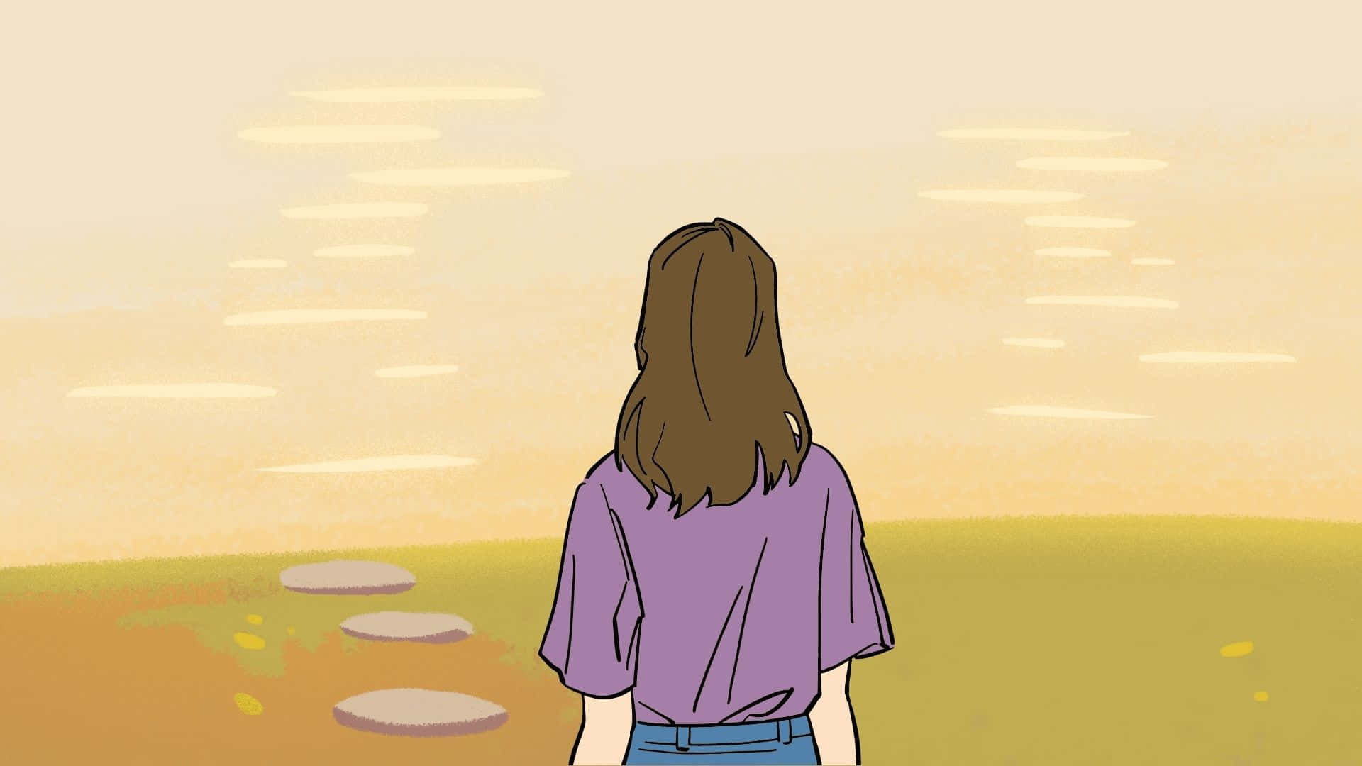 女孩站在田野中 壁紙