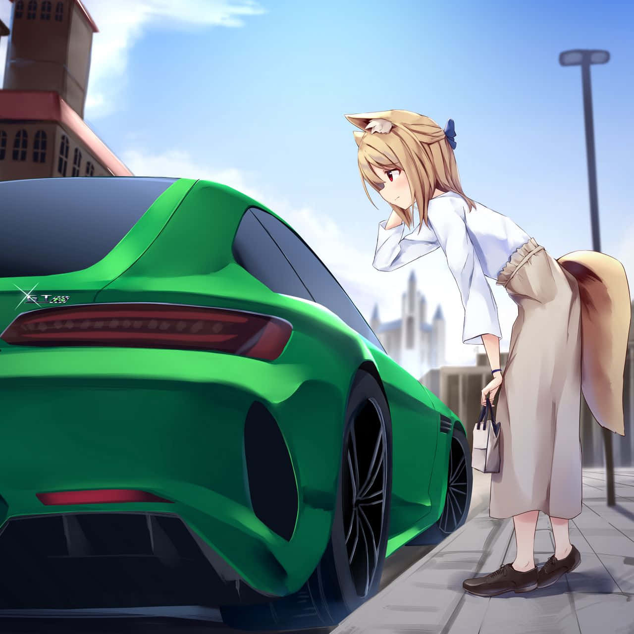 女孩站在綠色跑車旁 壁紙