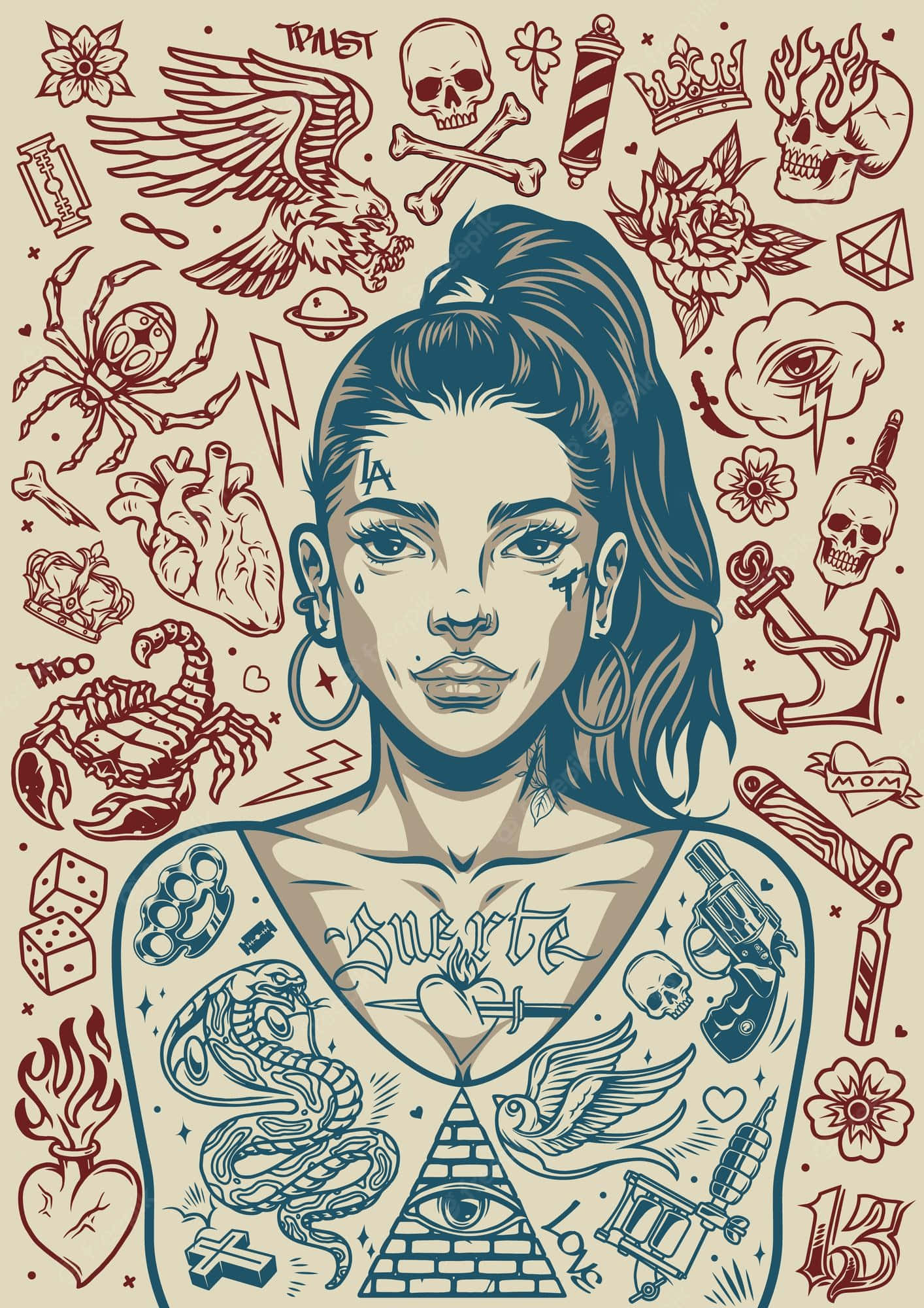 女孩紋身的細緻特寫 壁紙 — 一個風格化的插圖，描繪一位帶有紋身的女性，並被經典紋身符號環繞，使用大膽的紅色和藍色墨水。