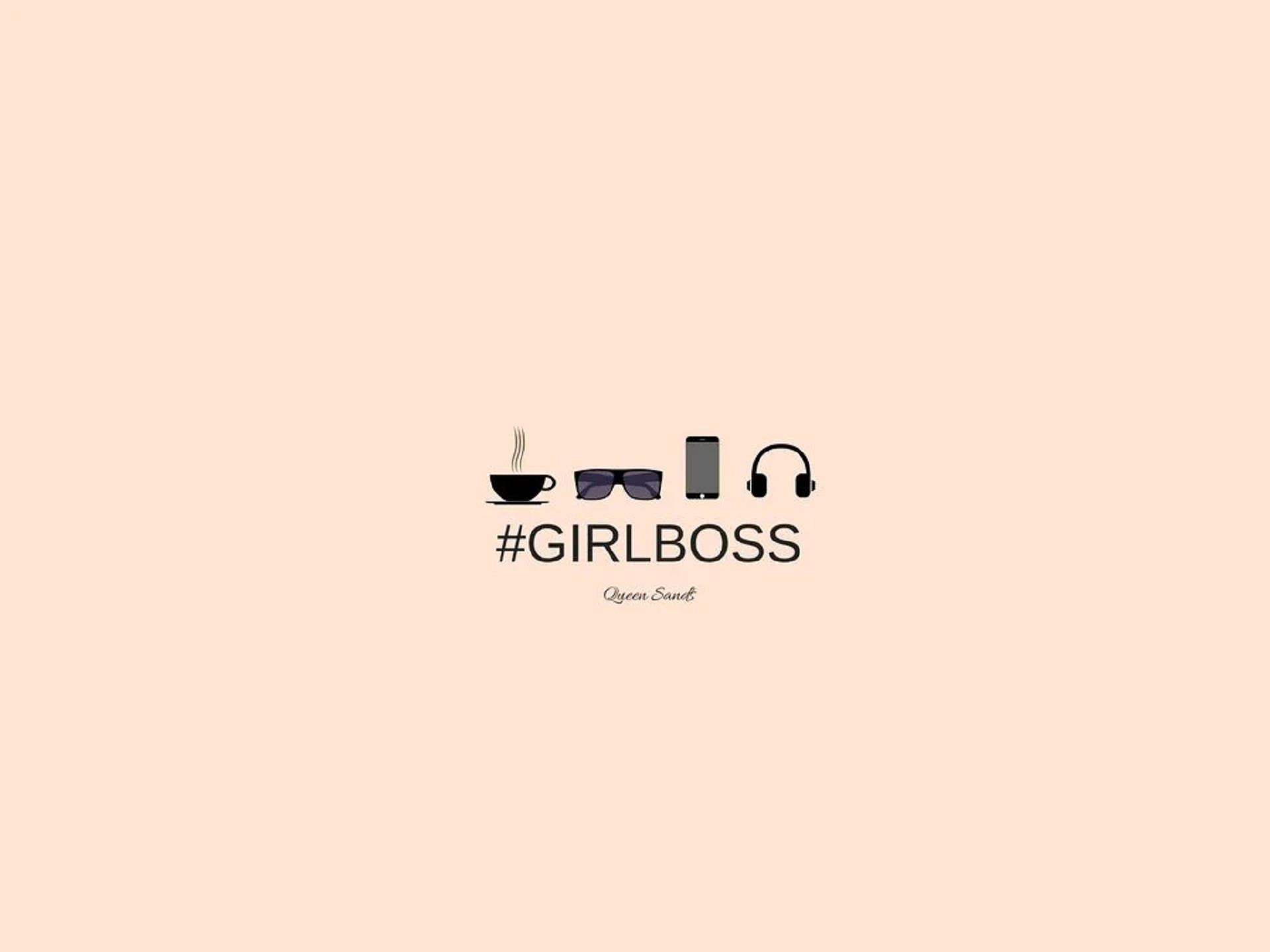 蜜桃色背景上的 Girlboss 標誌，包含咖啡、太陽眼鏡、電話和耳機圖標。