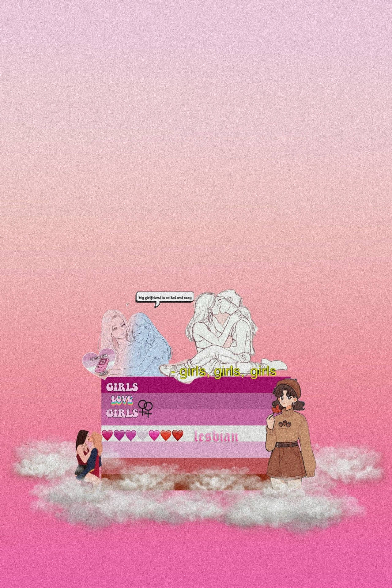 動漫女孩在雲端上親吻，上方有彩虹旗橫幅，上面寫著「girls love girls」。