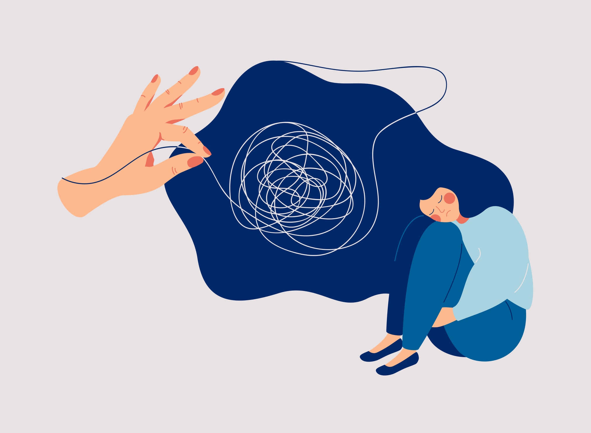 女孩與抑鬱奮鬥 壁紙 — 一個人痛苦地蜷縮著，一隻手從他們上方深藍色的雲中拉扯纏結的白線。