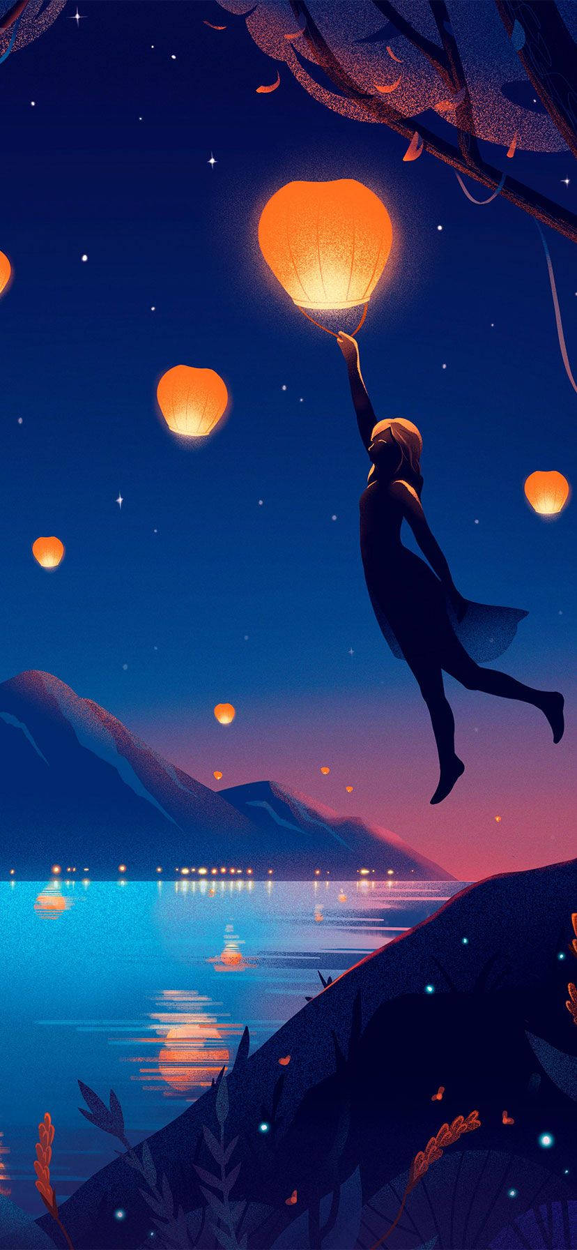 女孩漂浮在湖上，在星空下釋放發光燈籠
