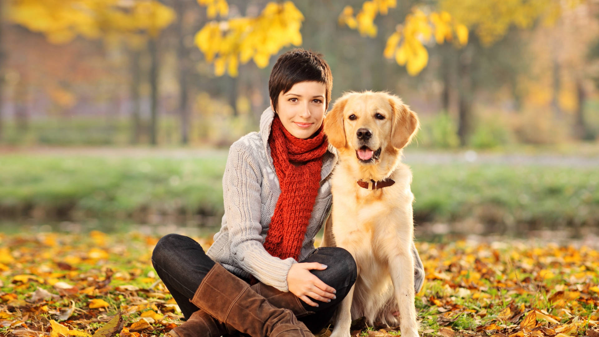 短髮戴紅圍巾的女性與金毛尋回犬坐在秋日公園的落葉上。