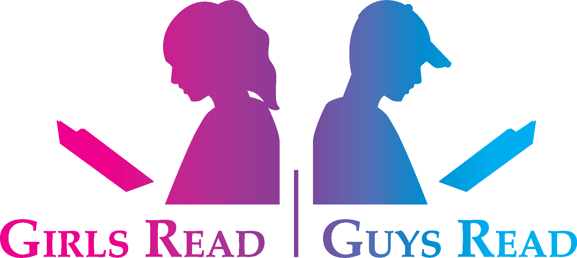 女孩與男孩閱讀標誌 壁紙 — 兩個風格化的剪影——一個粉紅色女孩和一個藍色男孩——正在閱讀下方有粗體文字的書。