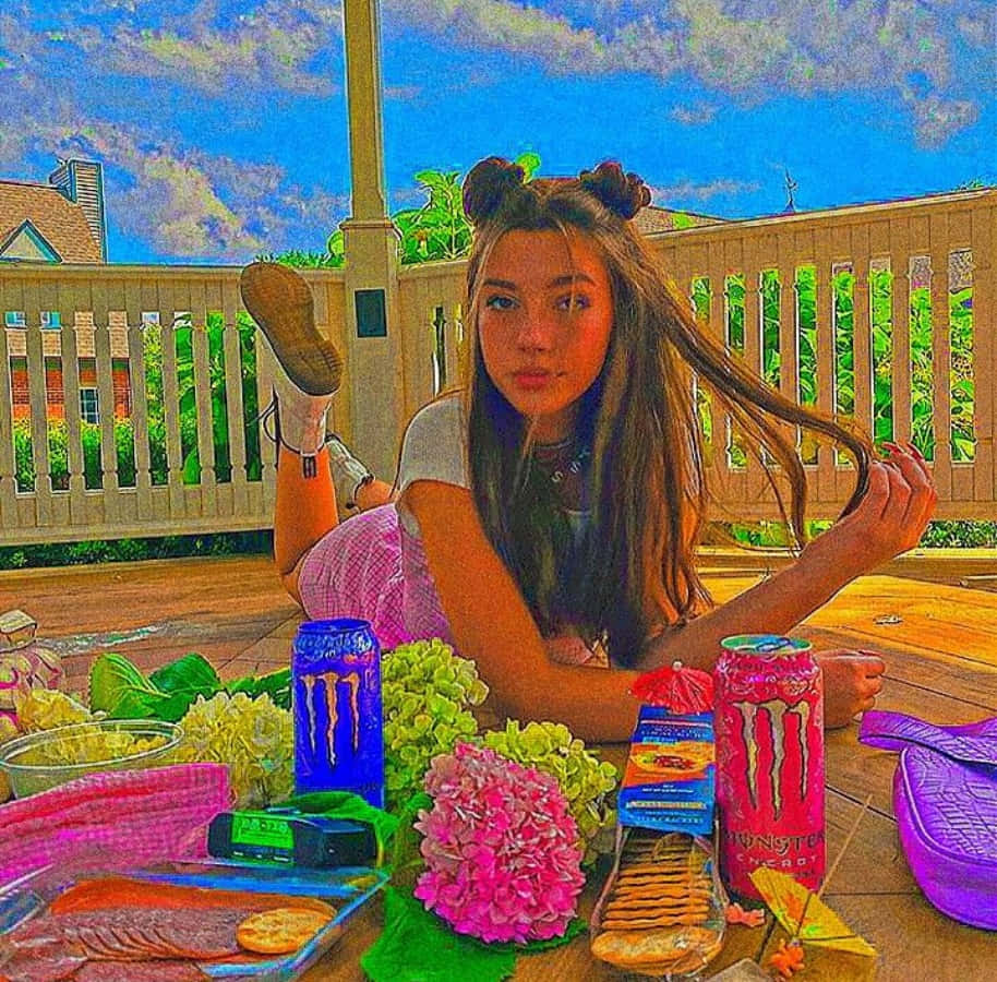 女孩躺在地上，手邊放著一杯飲品 壁紙