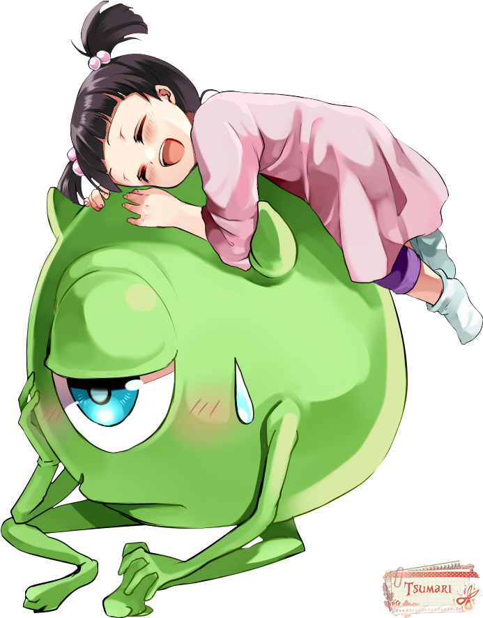 女孩躺在米奇·瓦佐斯基身上 壁紙 — 一個穿著粉紅色衣服的可愛女孩在一個巨大的綠色怪物背上安睡，怪物看起來很疲倦，流下一滴眼淚。